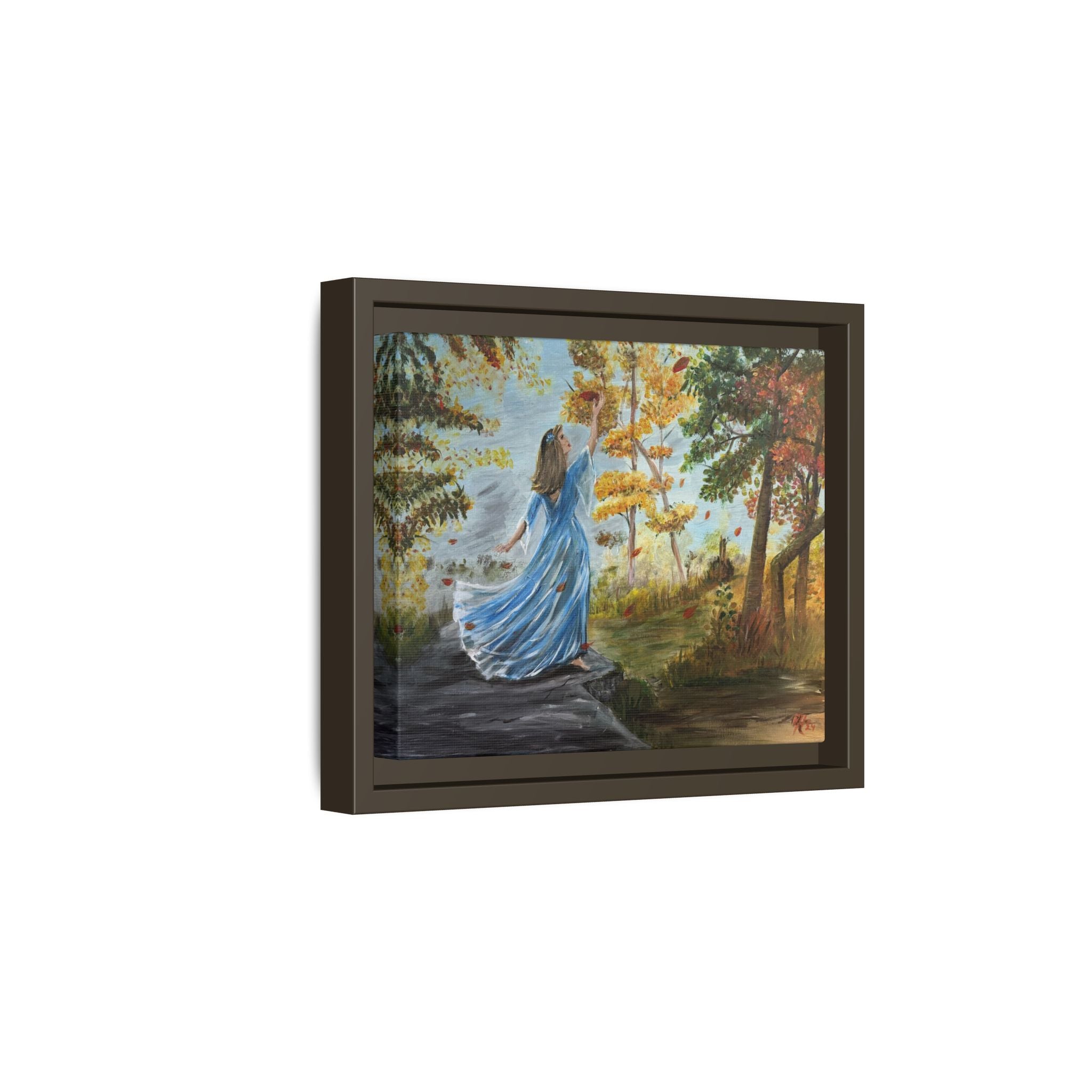Autumn Breeze Canvas Print — Woman in Blue Dress Framed Wall Art