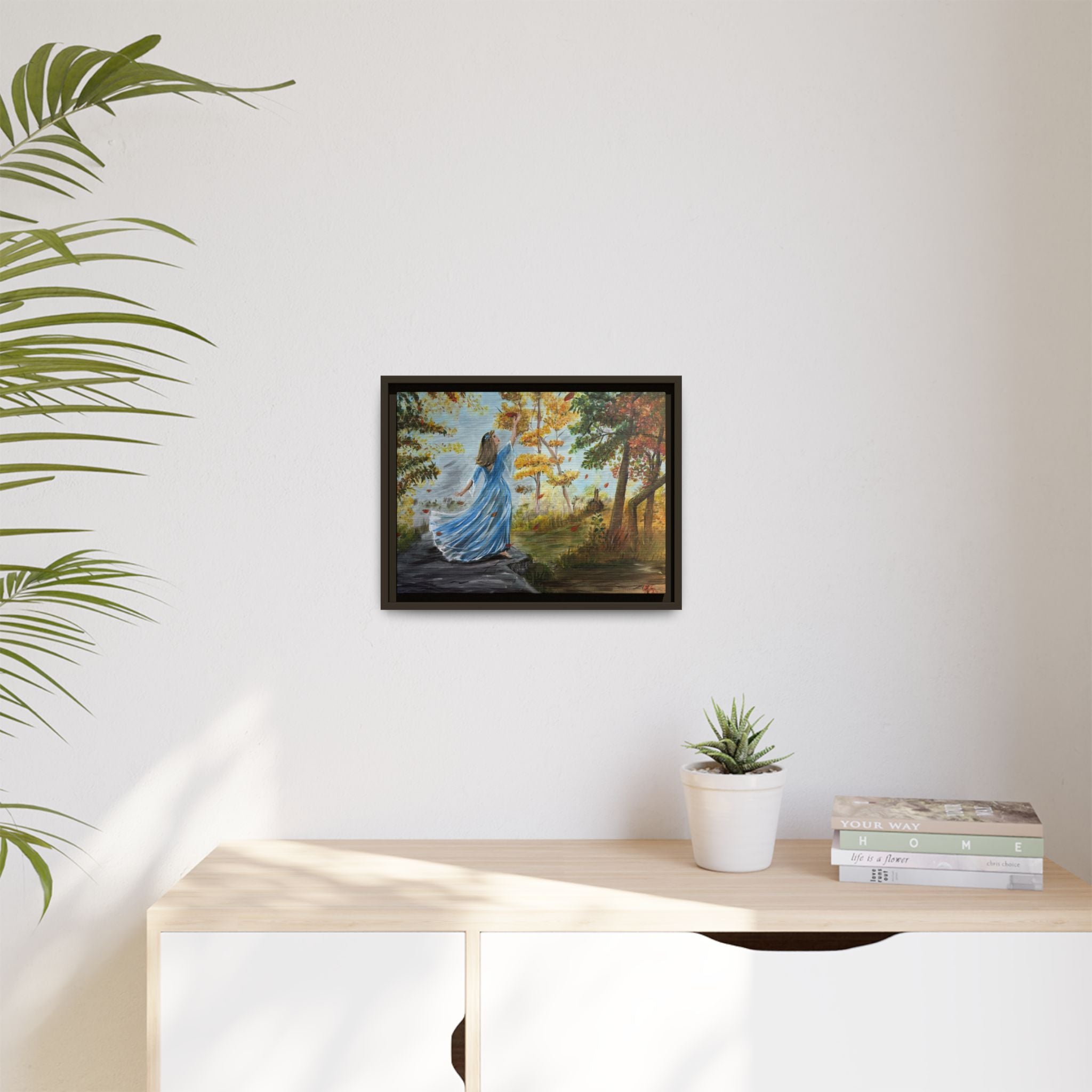 Autumn Breeze Canvas Print — Woman in Blue Dress Framed Wall Art