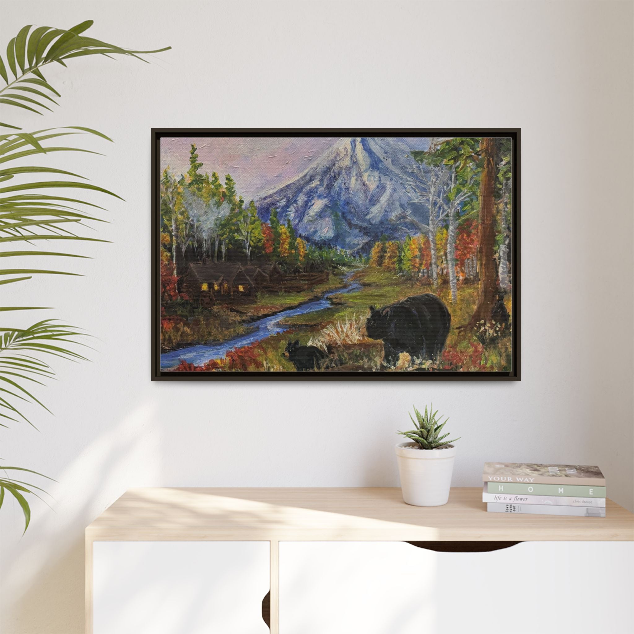Framed Matte Canvas - Three Bear Stroll  - Mountain Stream with Bears Landscape Wall Art