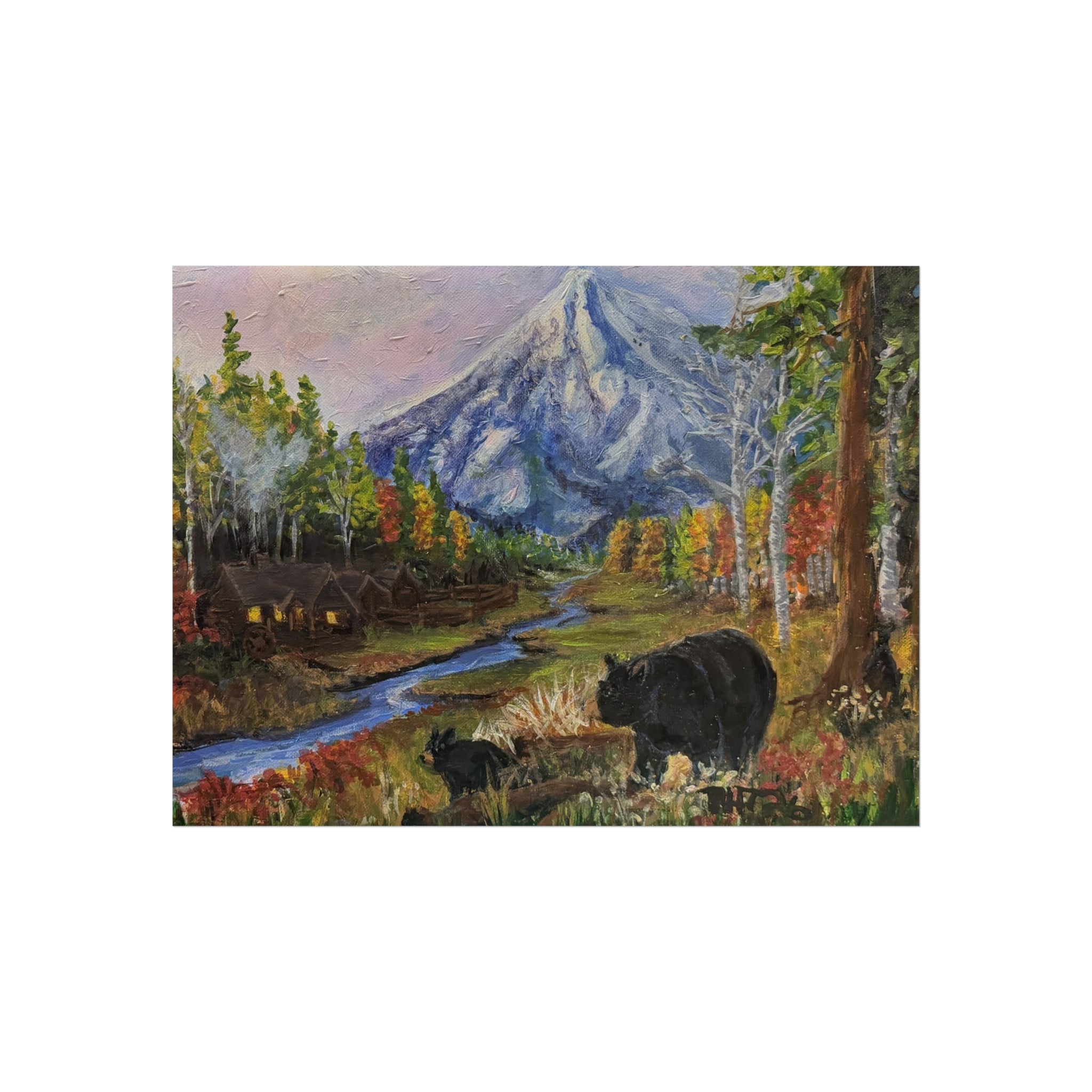 3 Bear Stroll— Bear & Cabin Fine Art Print