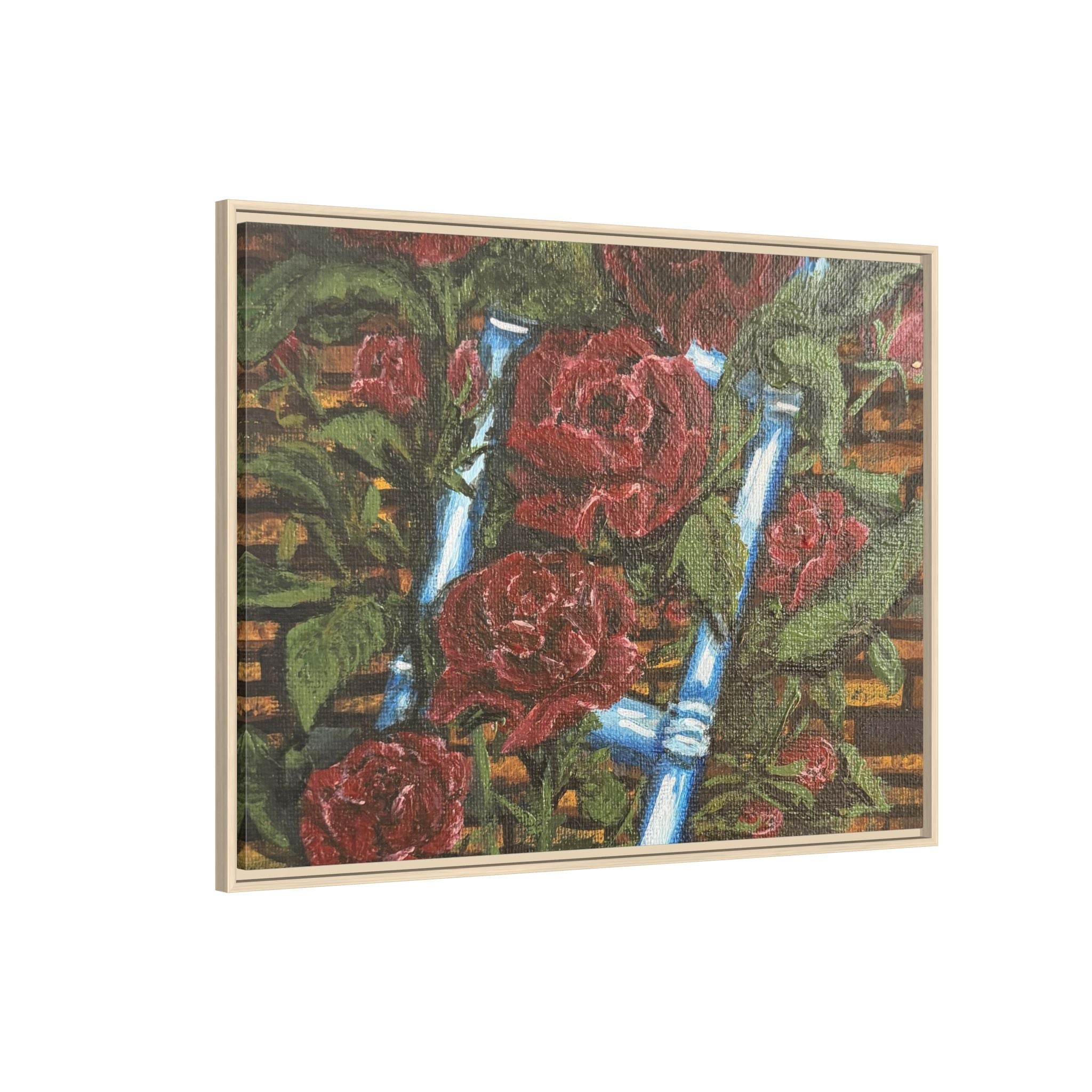 Framed Matte Canvas Art Print of Original Climbing Roses — Red Roses & Blue Ladder Floral Painting