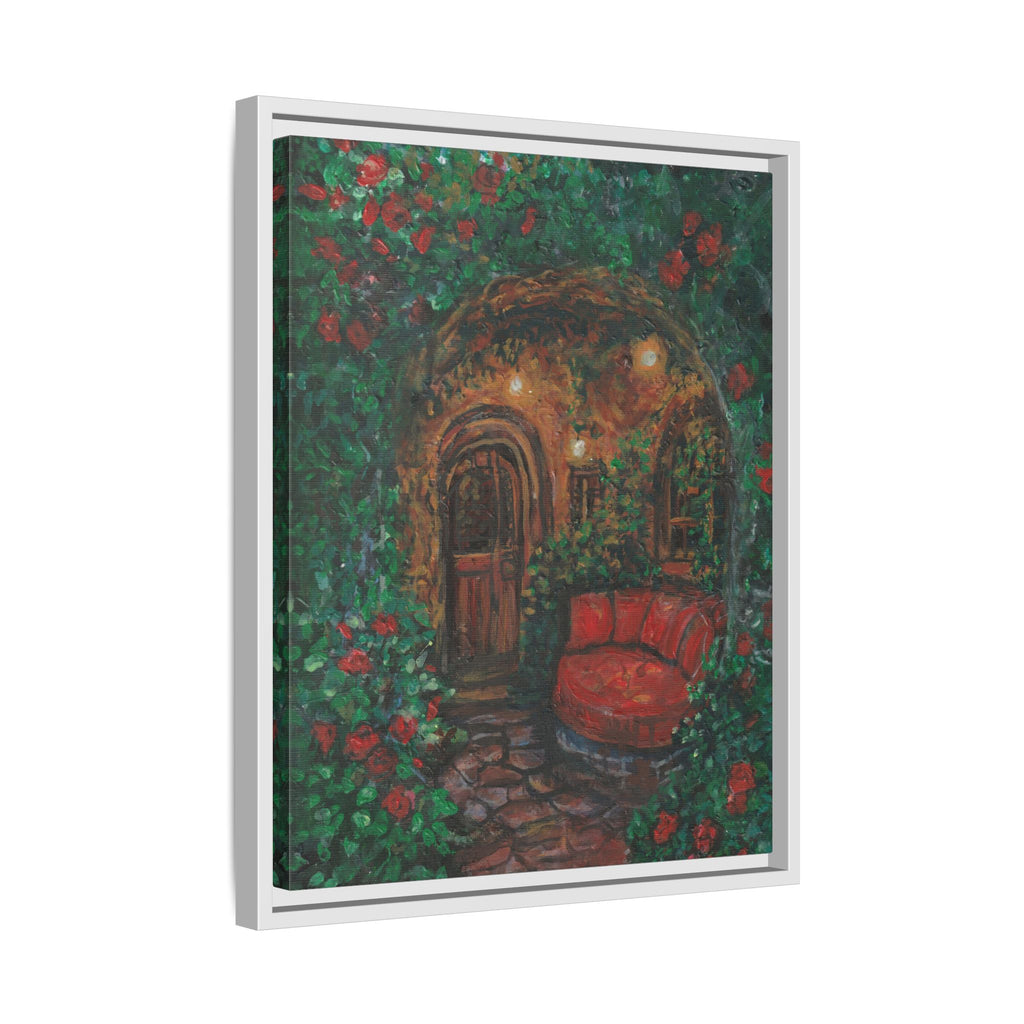 Framed Matte Canvas Art – Cozy Garden Doorway with Red Chair Print of Original Hidden Doorway