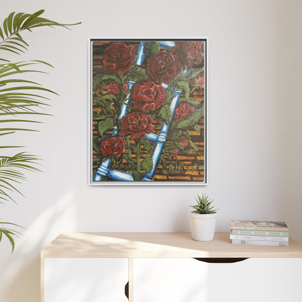 Framed Matte Canvas Art Print of Original Climbing Roses — Red Roses & Blue Ladder Floral Painting