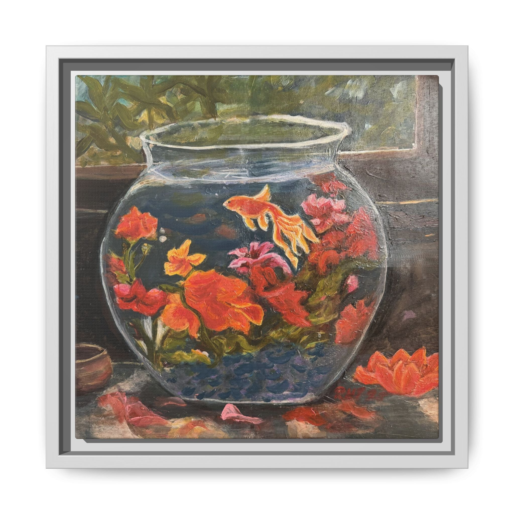 Framed Matte Canvas Print of Original– Colorful Goldfish Bowl Art