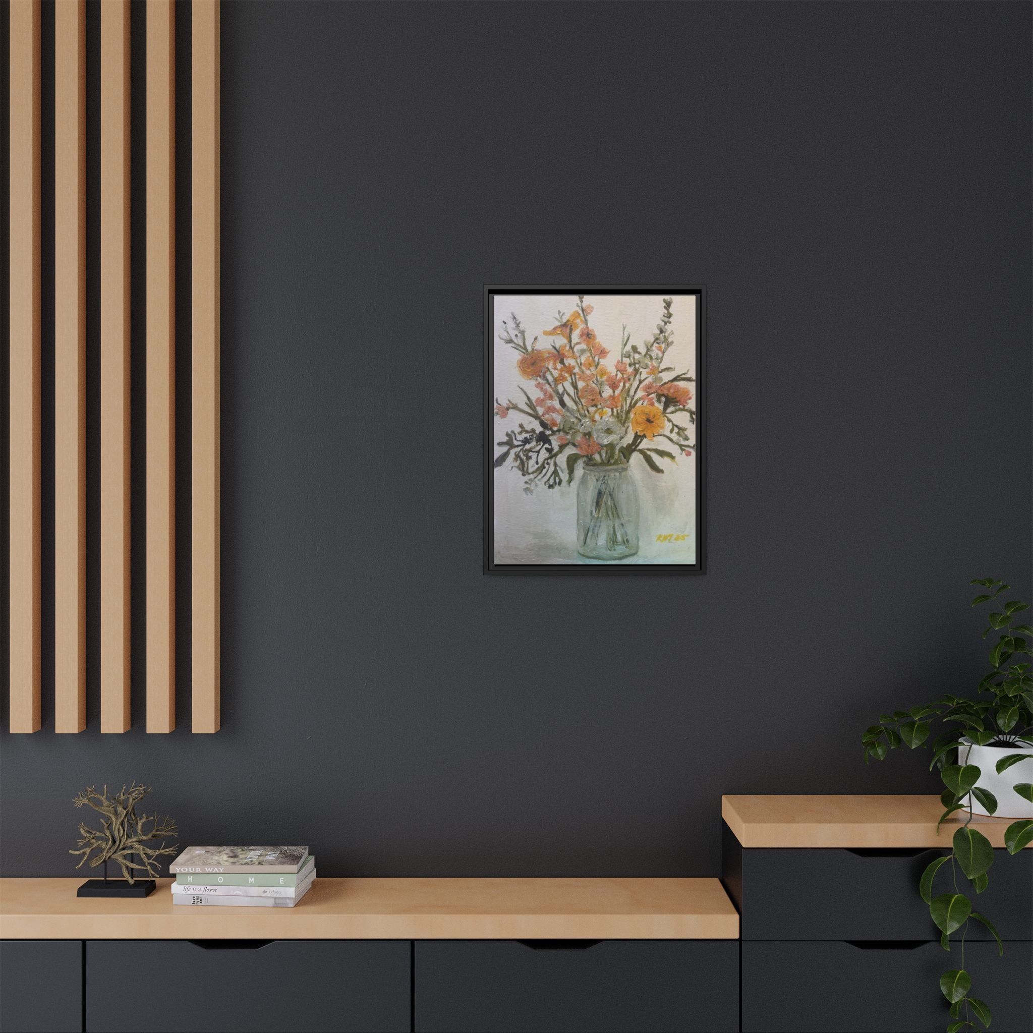 Framed Matte Canvas Art - Flower in Glass Jar Floral Painting Print of Original