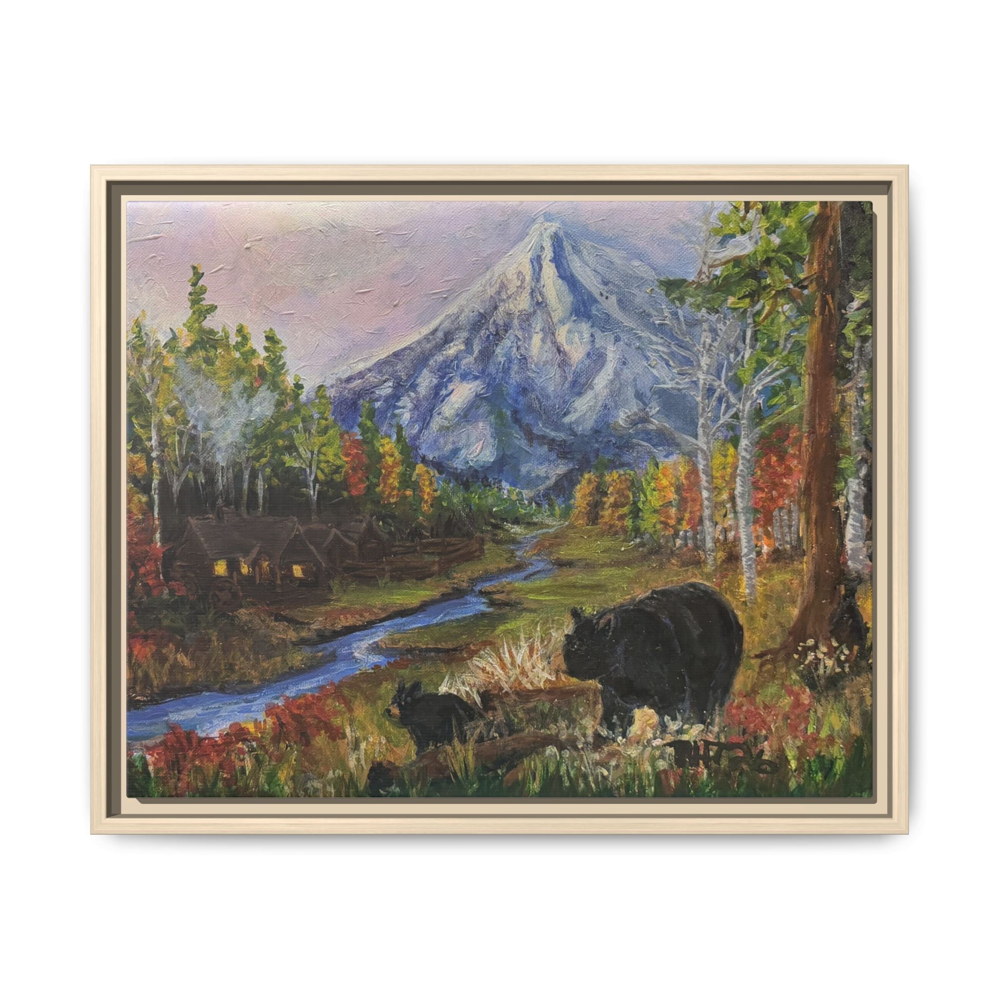 Framed Matte Canvas - Three Bear Stroll  - Mountain Stream with Bears Landscape Wall Art