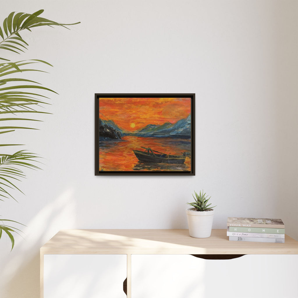 Boat on Sunset Lake Framed Canvas Print of Original — Orange Mountain Lake Wall Art