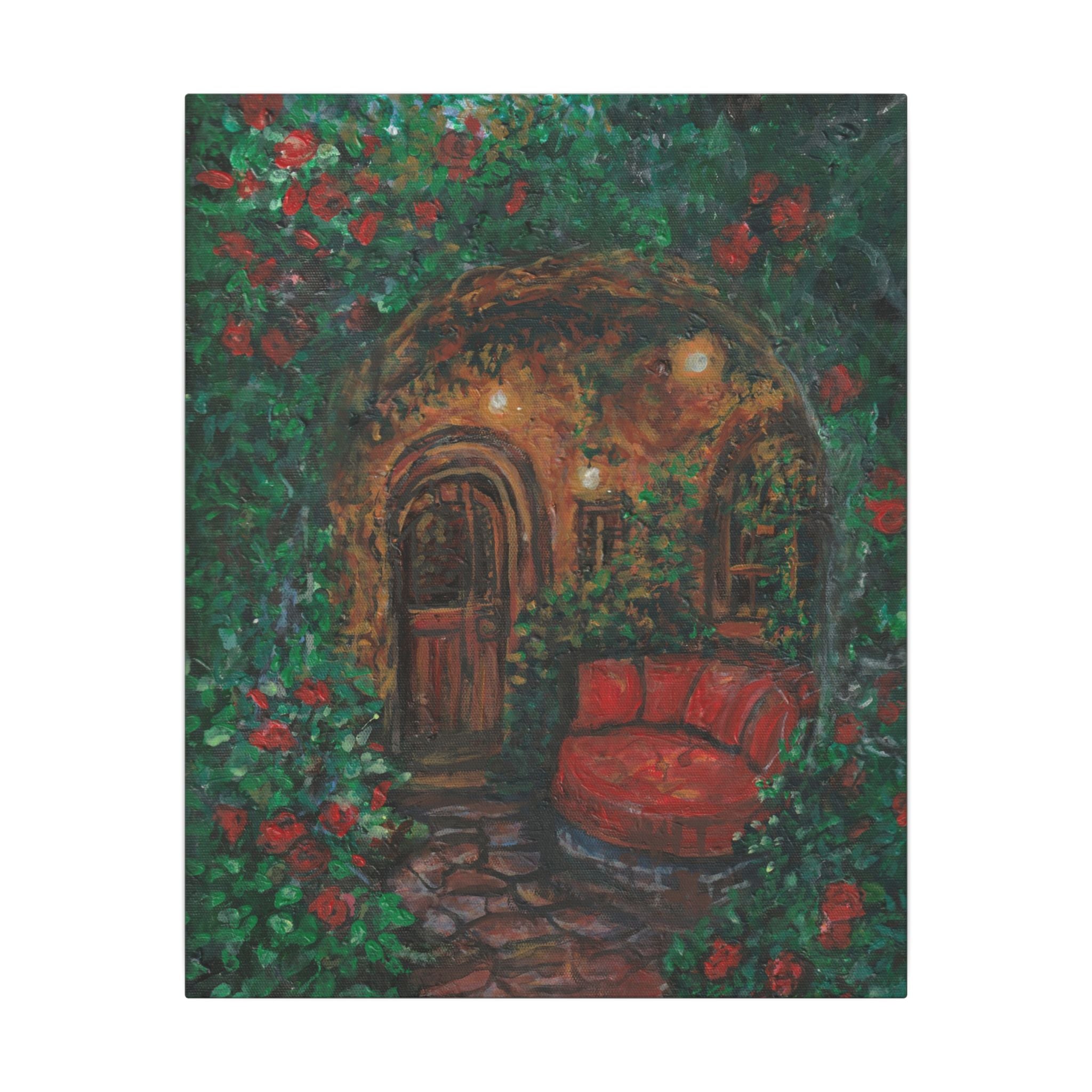 Hidden Entrance Canvas Art - Cozy Red Chair Doorway Painting Print of Original
