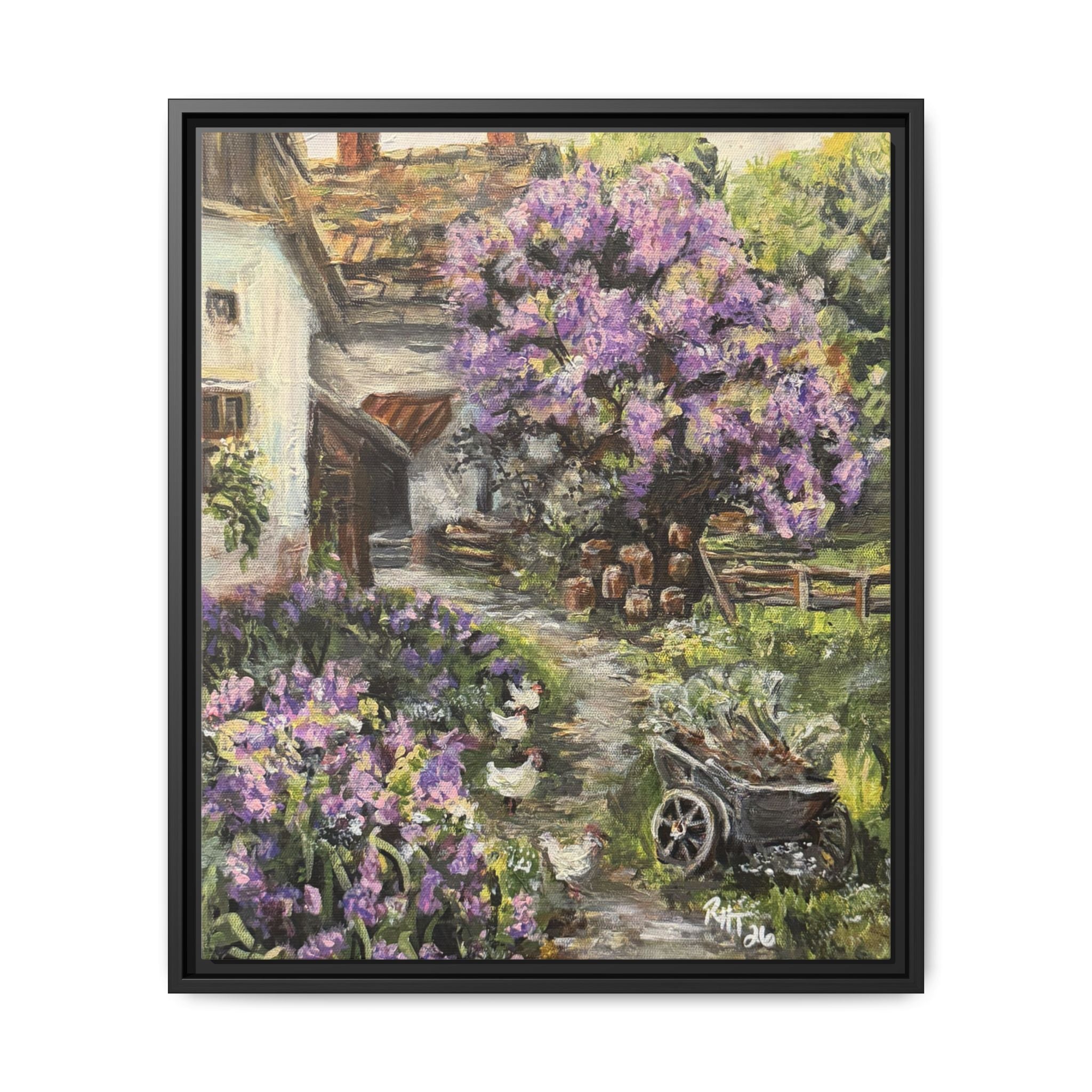 Framed Matte Canvas Print of Original Lavender Cottage— Cottage Garden with Purple Wisteria Wall Art