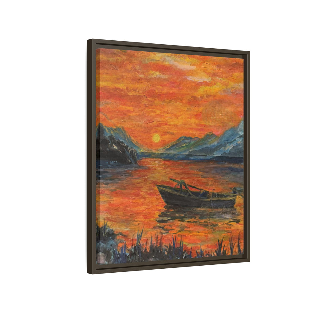 Boat on Sunset Lake Framed Canvas Print of Original — Orange Mountain Lake Wall Art