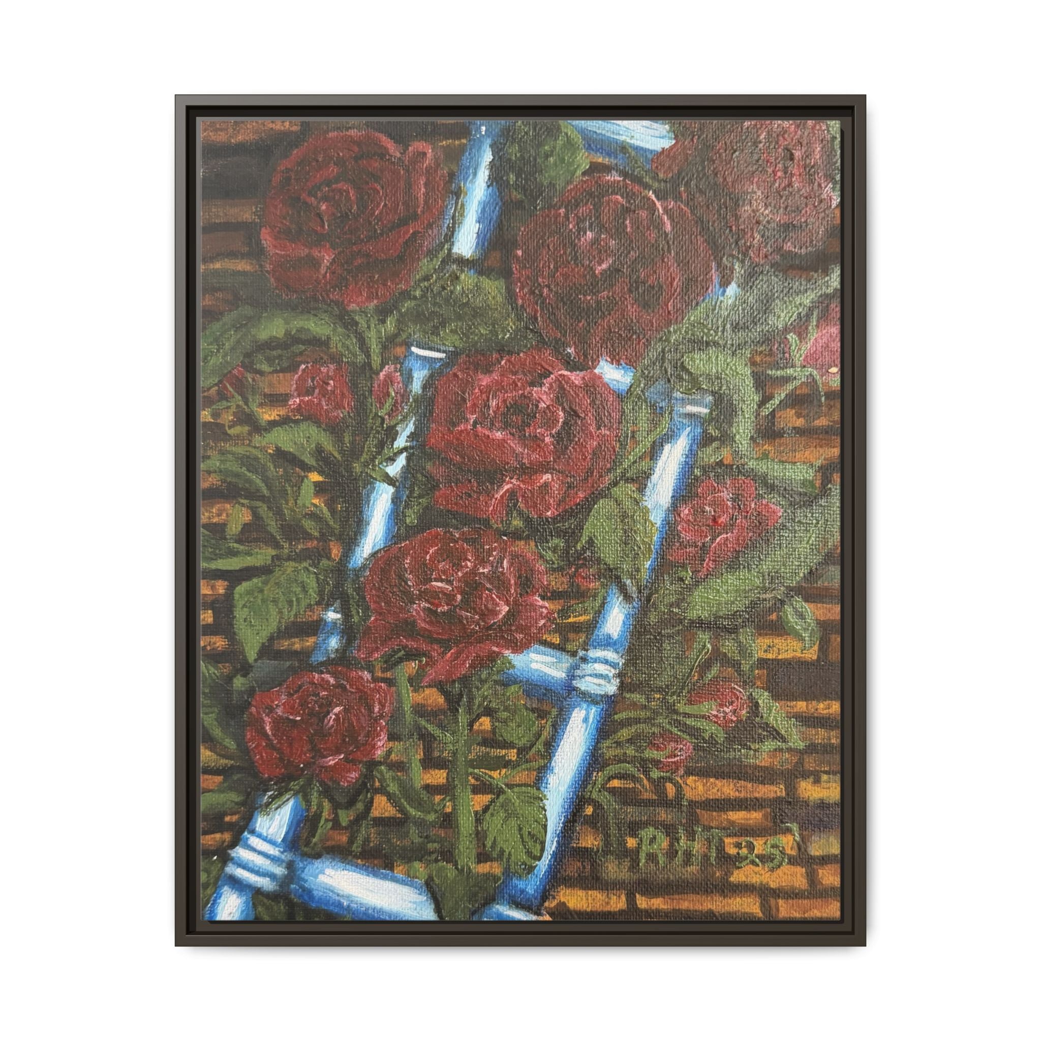 Framed Matte Canvas Art Print of Original Climbing Roses — Red Roses & Blue Ladder Floral Painting