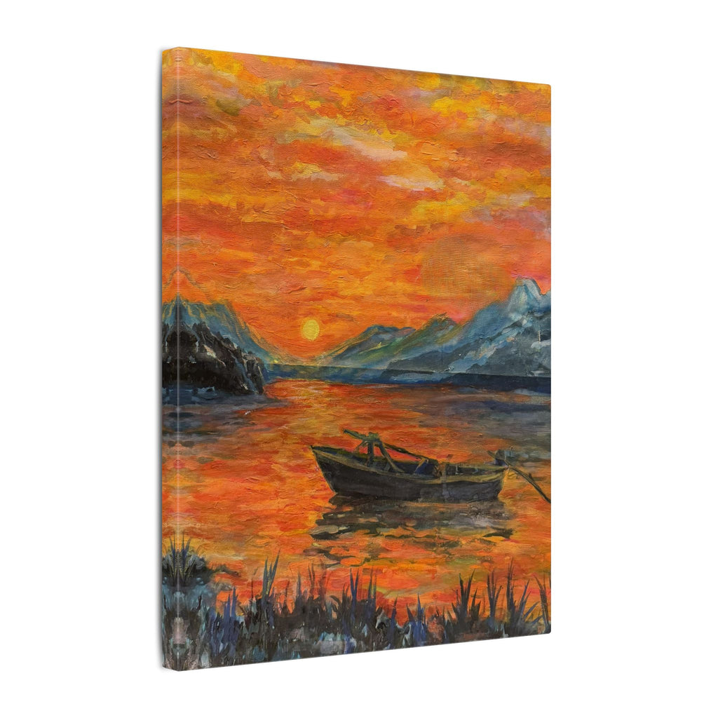 Boat on Sunset Lake Canvas Wall Art Print of Original— Orange Seascape Landscape Print