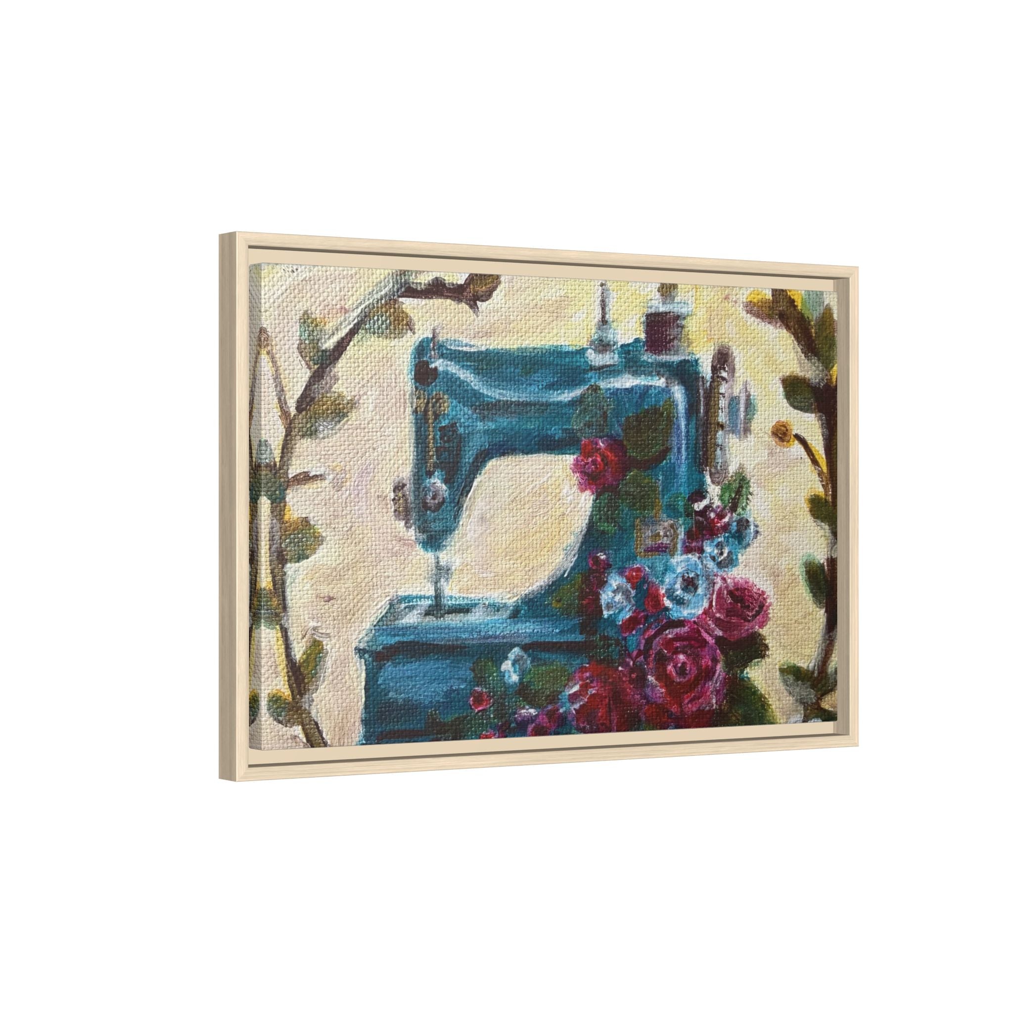 Framed Canvas Wall Art — Vintage Sewing Machine with Roses - Framed Print of the Original Grandma's Sewing Machine