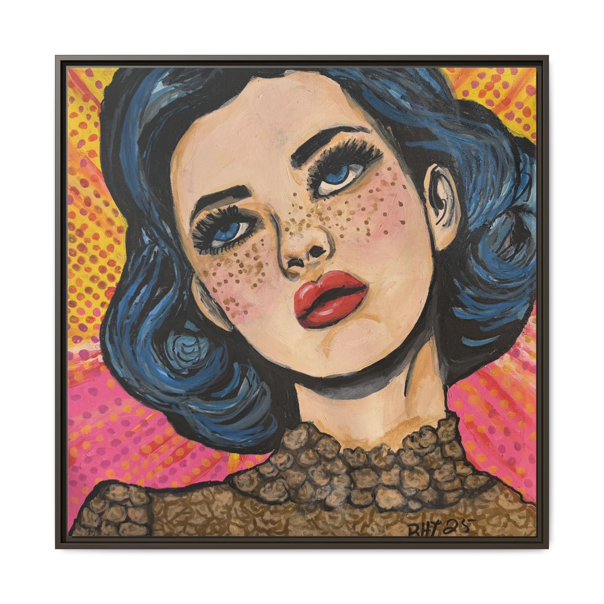 Pop Art Portrait Matte Canvas Print of Original "OMG" (Framed) — Retro Blue-Haired Woman Wall Art