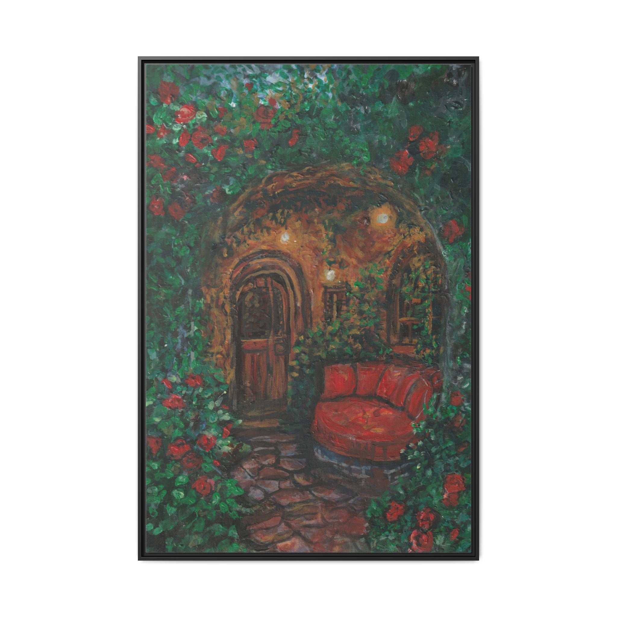 Framed Matte Canvas Art – Cozy Garden Doorway with Red Chair Print of Original Hidden Doorway