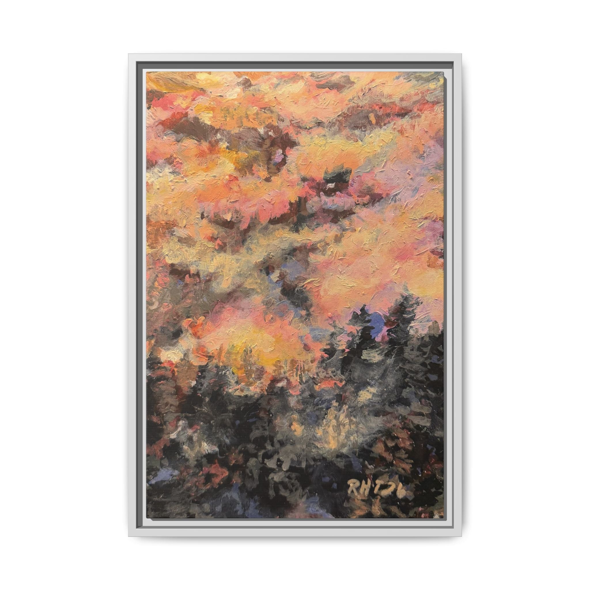 Framed Matte Canvas Art of Original Mistbow Mountain - Moody Sunset Forest Abstract
