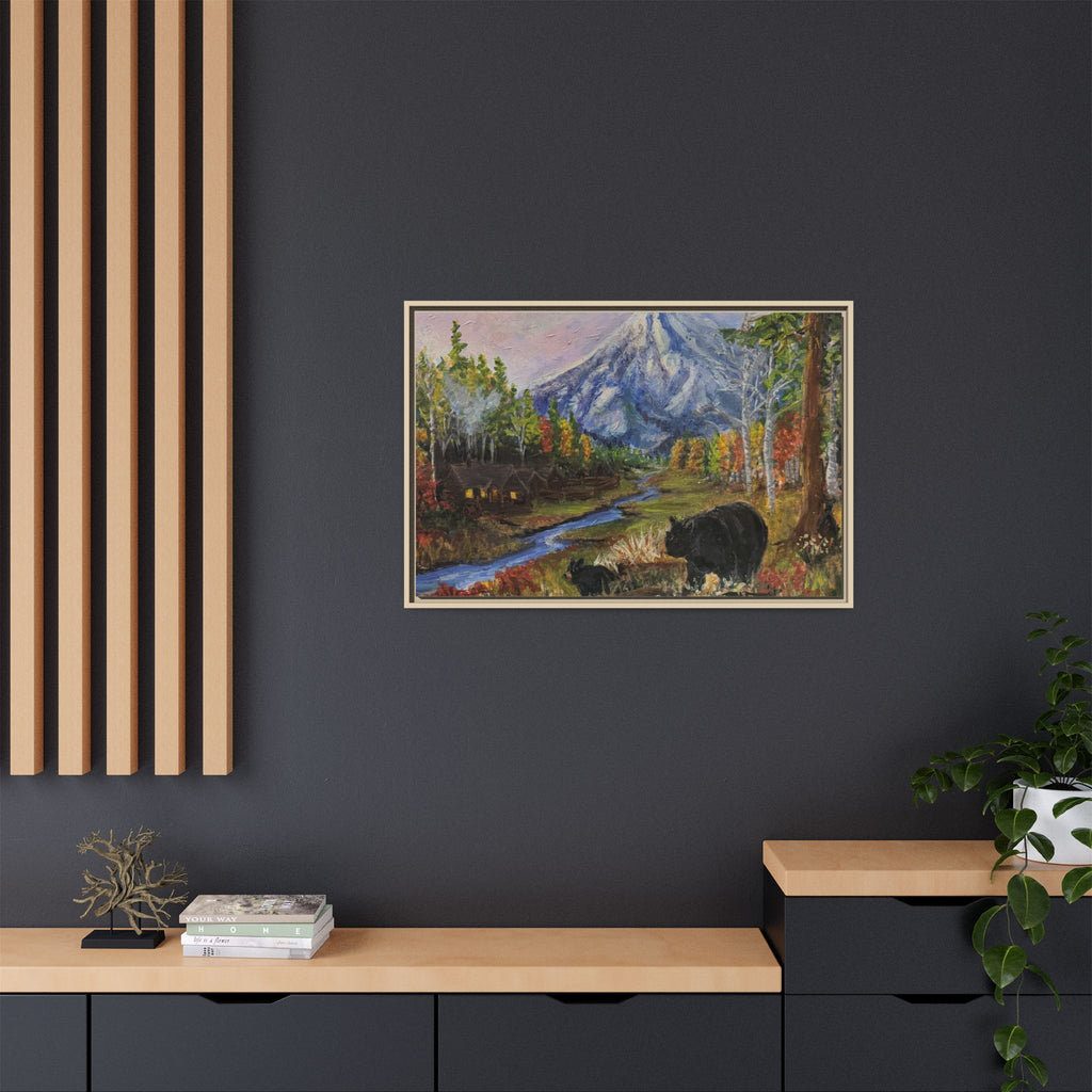 Framed Matte Canvas - Three Bear Stroll  - Mountain Stream with Bears Landscape Wall Art
