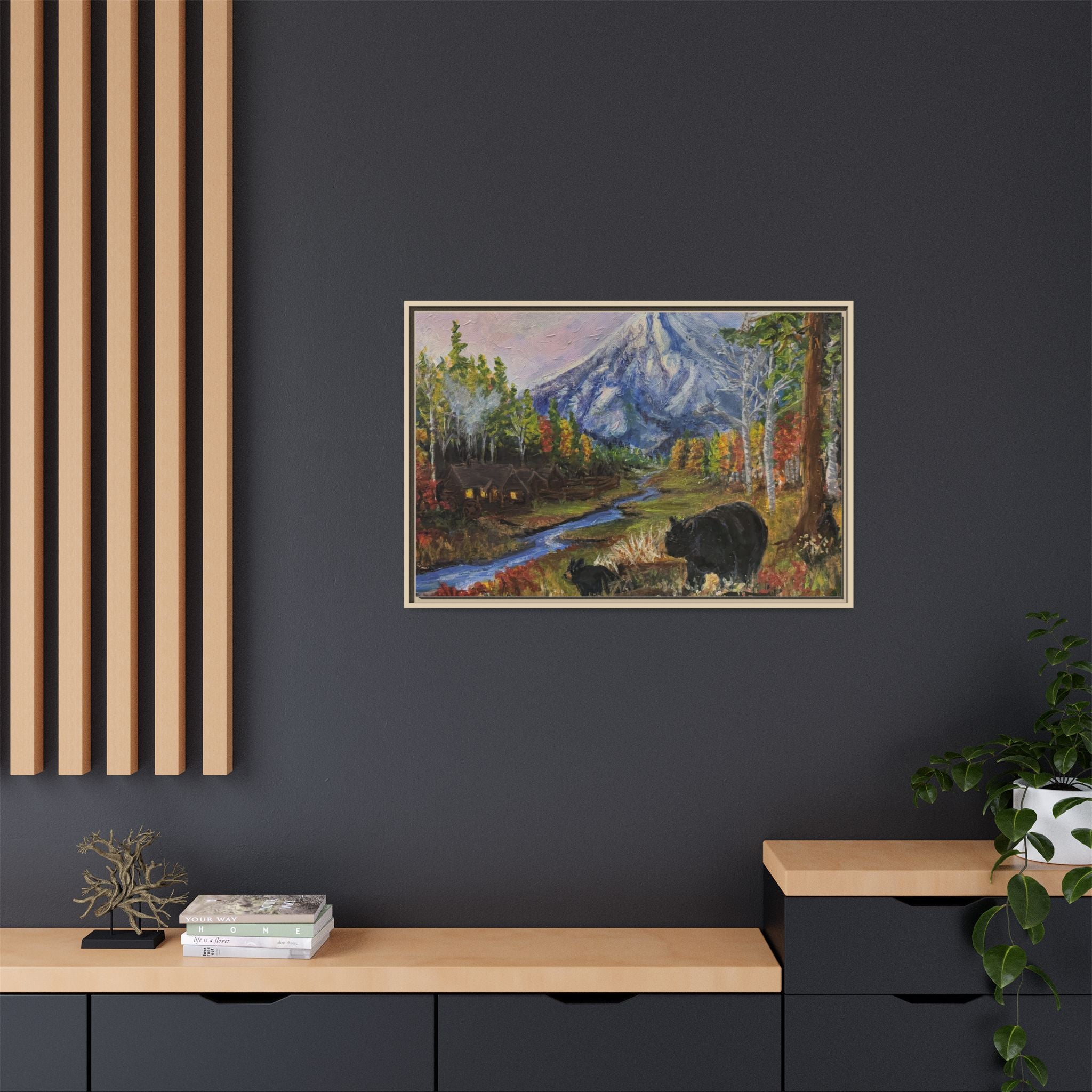 Framed Matte Canvas - Three Bear Stroll  - Mountain Stream with Bears Landscape Wall Art