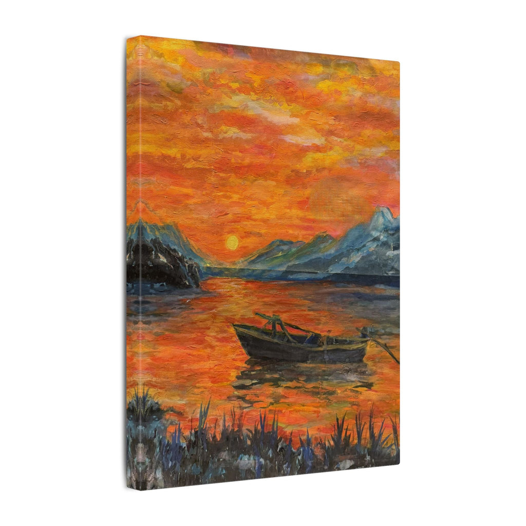 Boat on Sunset Lake Canvas Wall Art Print of Original— Orange Seascape Landscape Print