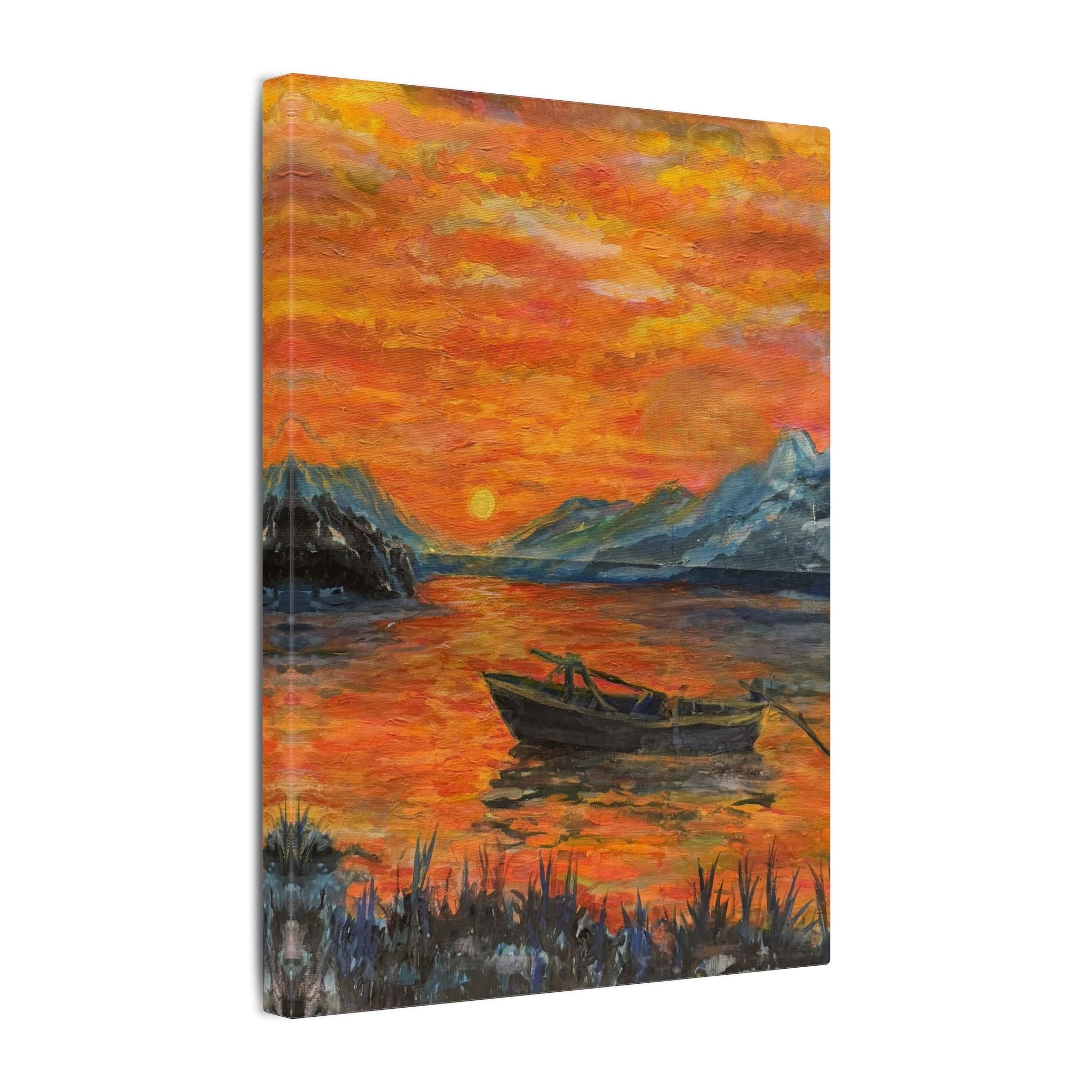 Boat on Sunset Lake Canvas Wall Art Print of Original— Orange Seascape Landscape Print