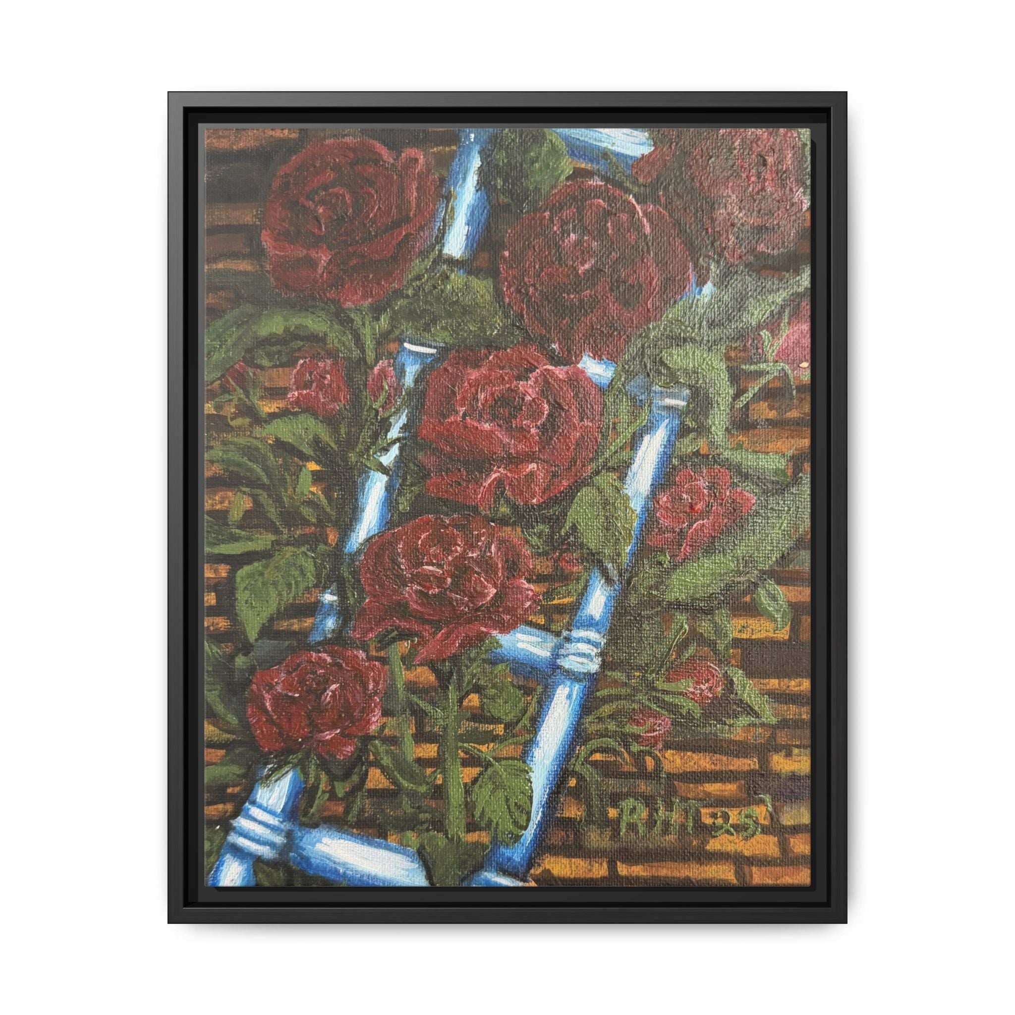 Framed Matte Canvas Art Print of Original Climbing Roses — Red Roses & Blue Ladder Floral Painting
