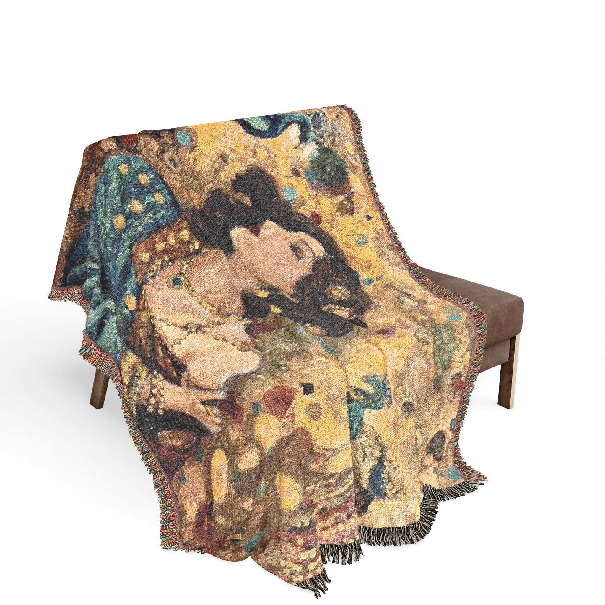 Gustav Klimt-Inspired Tapestry Throw Blanket — Art Nouveau Woman & Peacock Woven Blanket