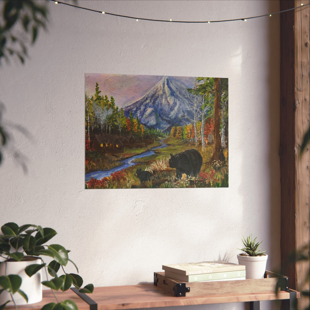 3 Bear Stroll— Bear & Cabin Fine Art Print