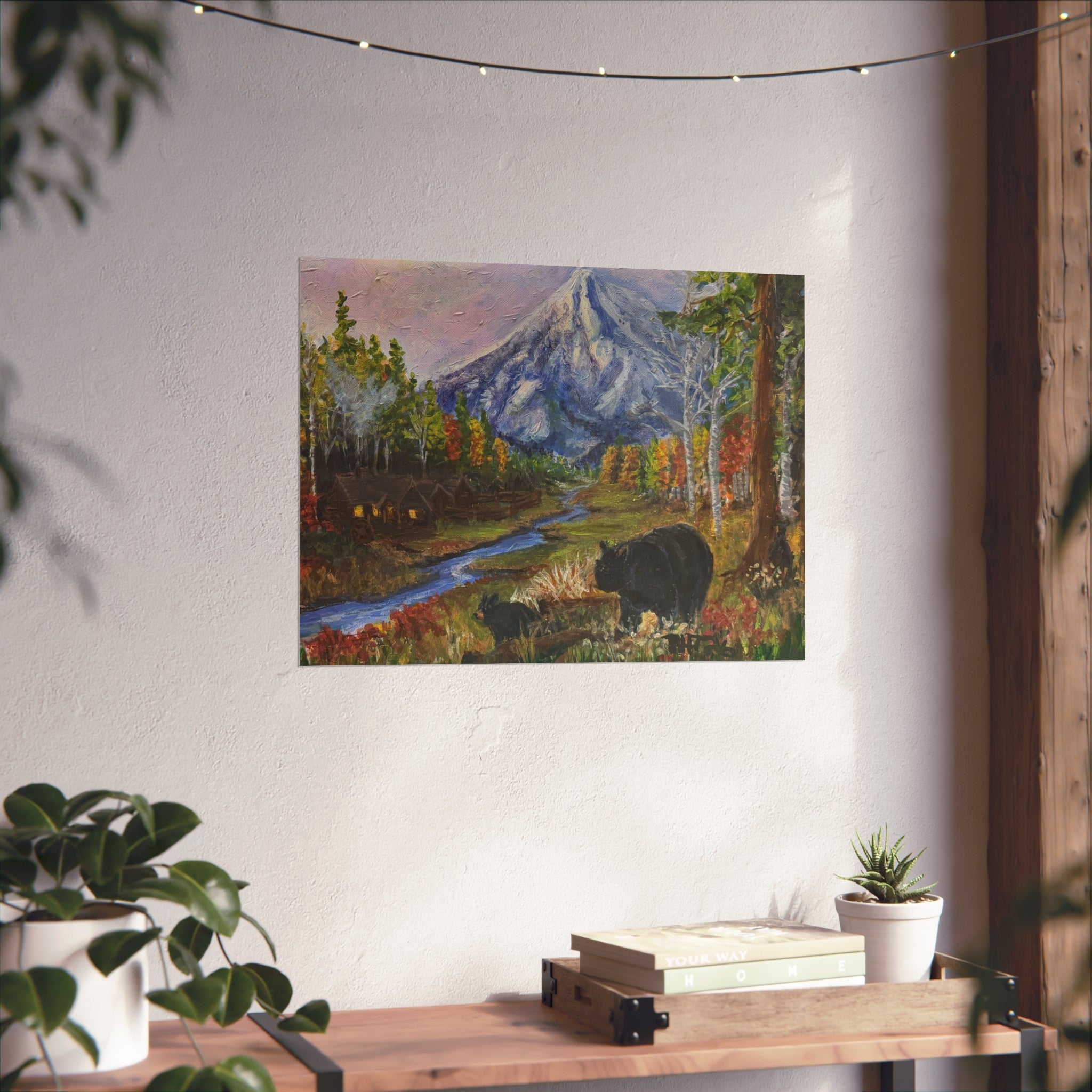 3 Bear Stroll— Bear & Cabin Fine Art Print