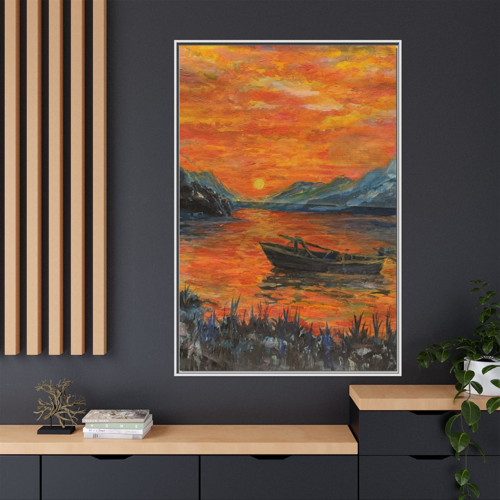 Boat on Sunset Lake Framed Canvas Print of Original — Orange Mountain Lake Wall Art