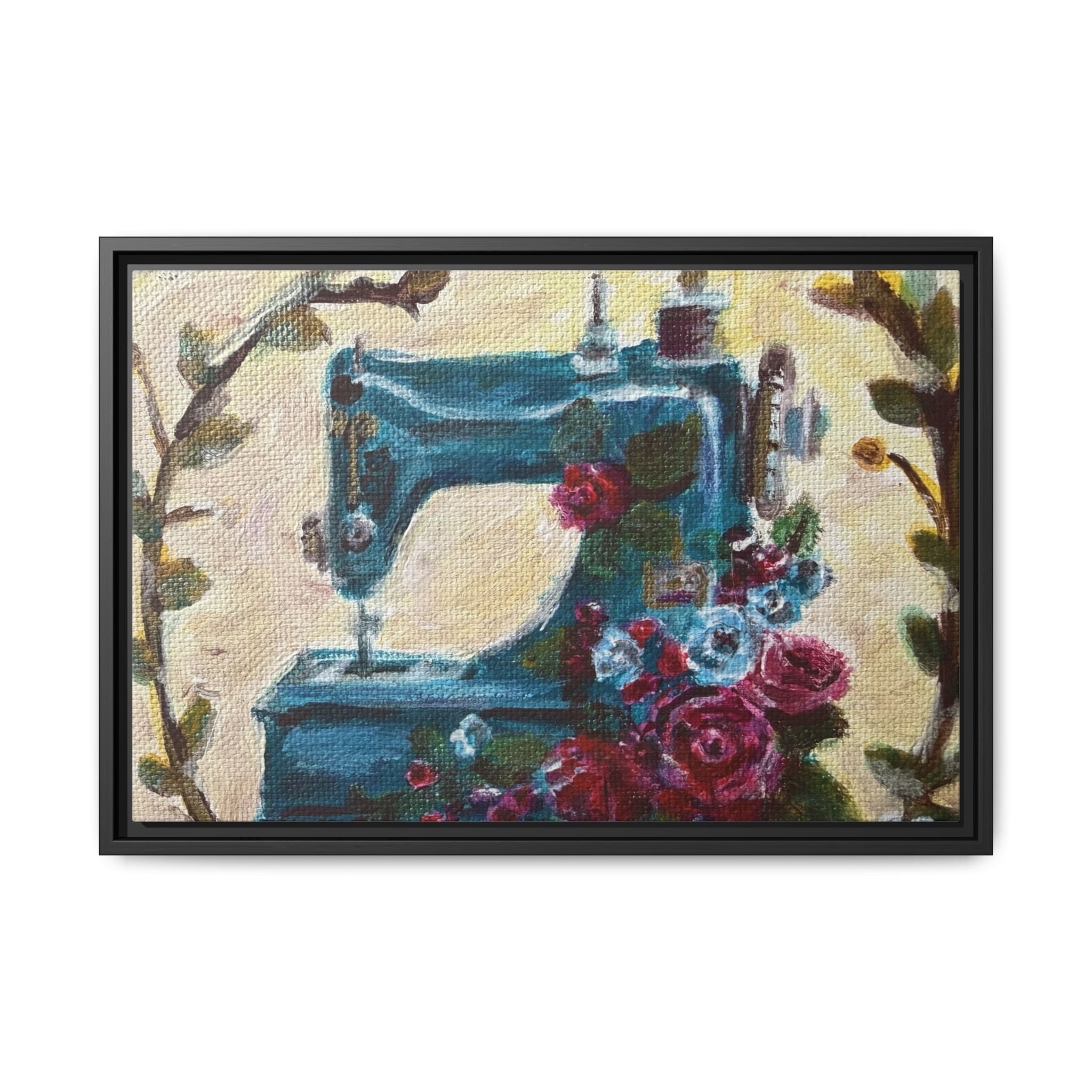 Framed Canvas Wall Art — Vintage Sewing Machine with Roses - Framed Print of the Original Grandma's Sewing Machine
