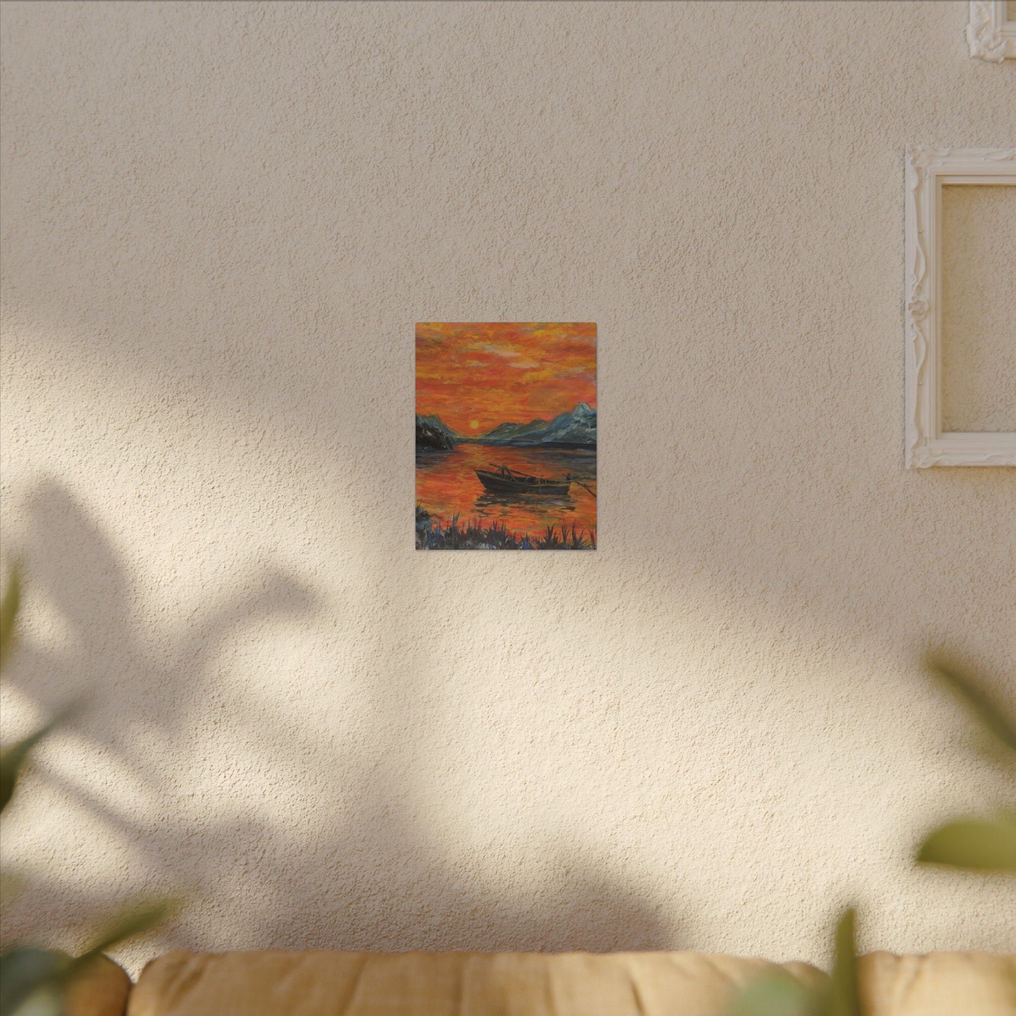 Boat on Sunset Lake Canvas Wall Art Print of Original— Orange Seascape Landscape Print