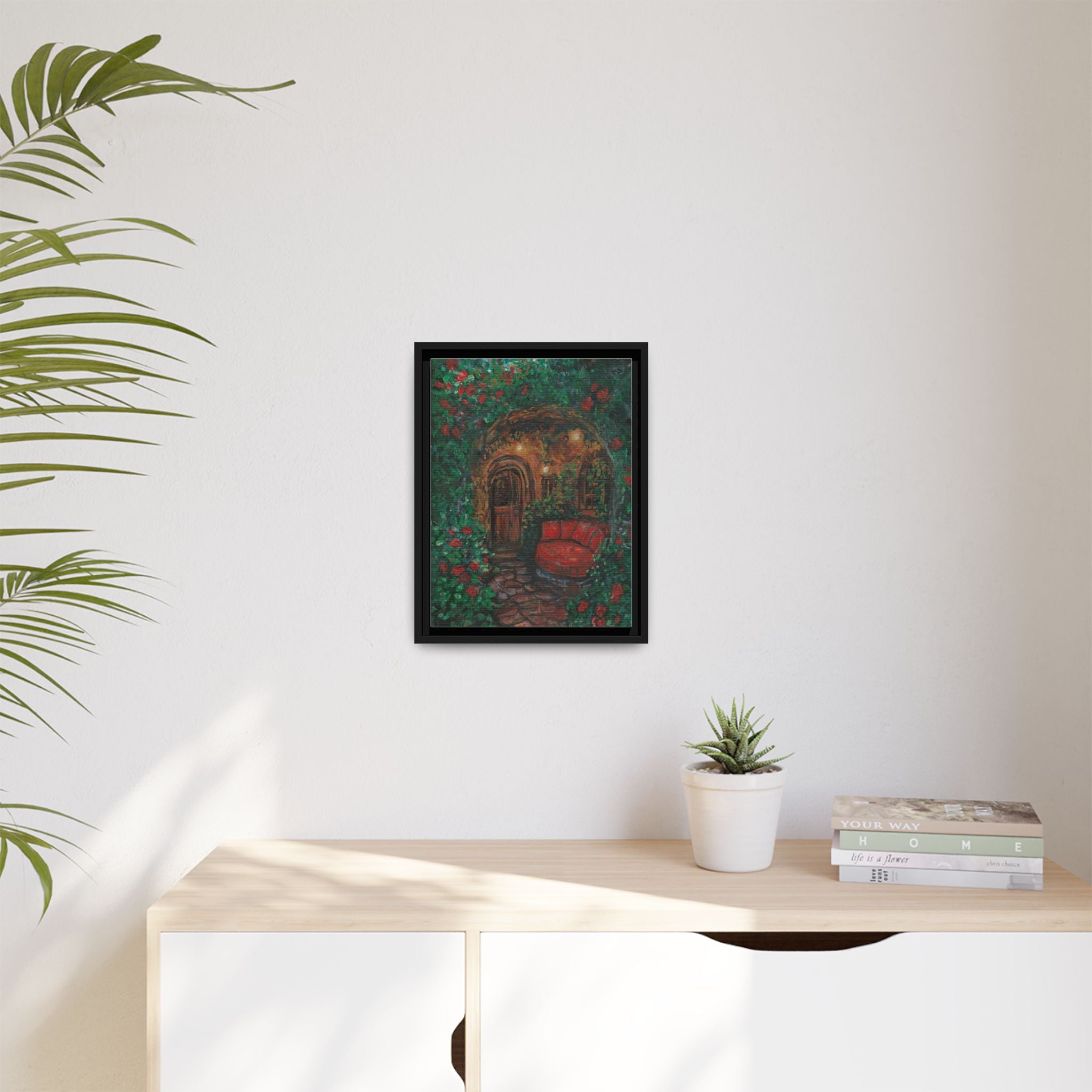 Framed Matte Canvas Art – Cozy Garden Doorway with Red Chair Print of Original Hidden Doorway