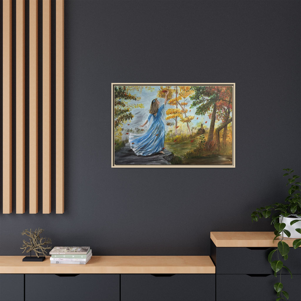 Autumn Breeze Canvas Print — Woman in Blue Dress Framed Wall Art