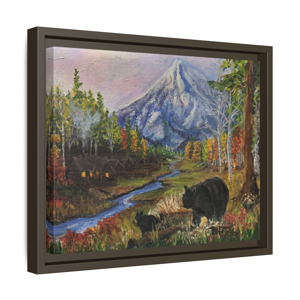 Framed Matte Canvas - Three Bear Stroll  - Mountain Stream with Bears Landscape Wall Art