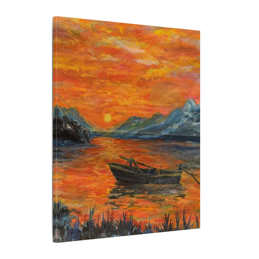 Boat on Sunset Lake Canvas Wall Art Print of Original— Orange Seascape Landscape Print