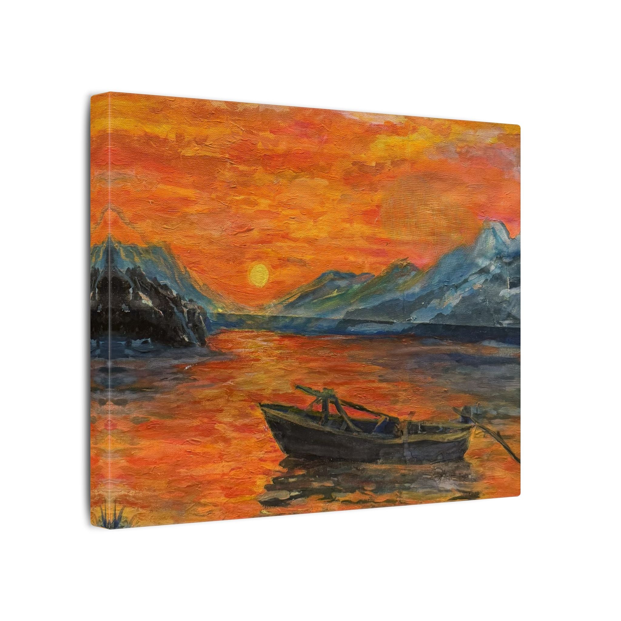 Boat on Sunset Lake Canvas Wall Art Print of Original— Orange Seascape Landscape Print