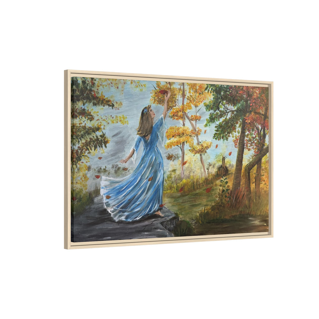 Autumn Breeze Canvas Print — Woman in Blue Dress Framed Wall Art