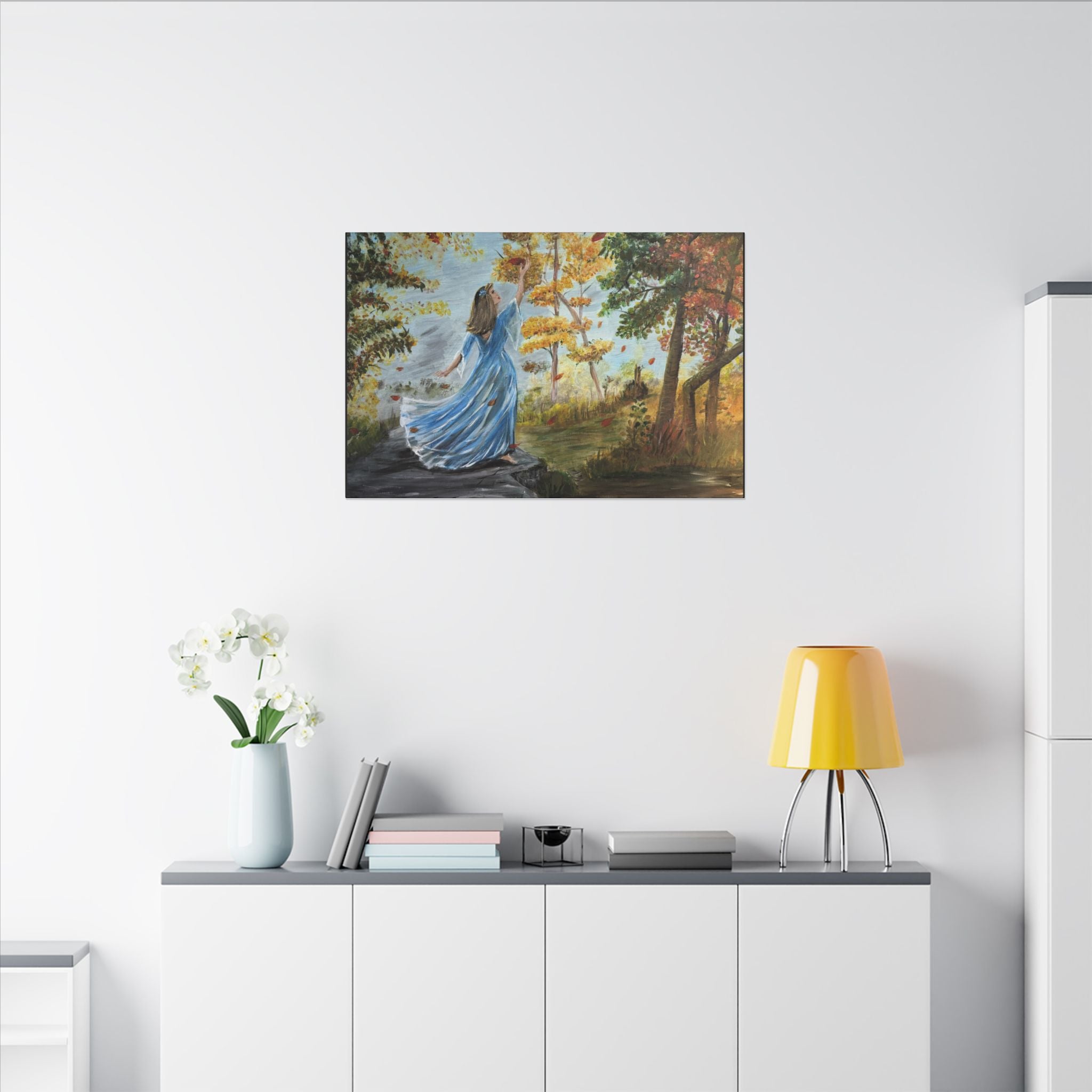 Autumn Breeze Matte Canvas Art Print – Woman in Blue Dress Fall Landscape