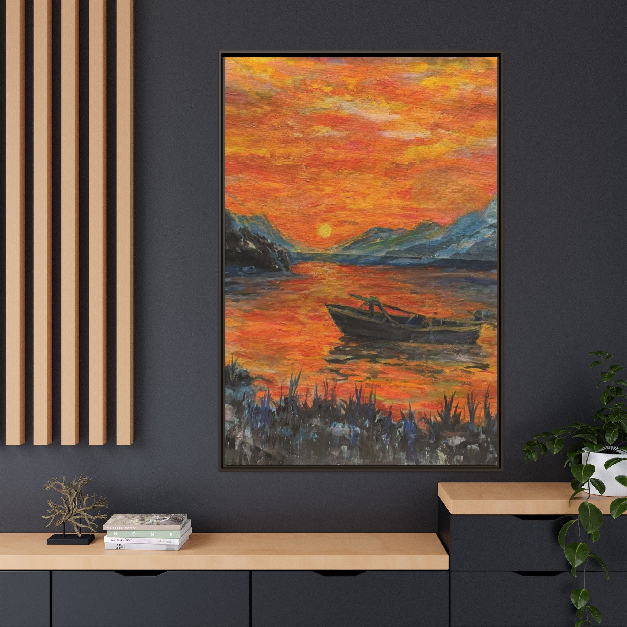 Boat on Sunset Lake Framed Canvas Print of Original — Orange Mountain Lake Wall Art