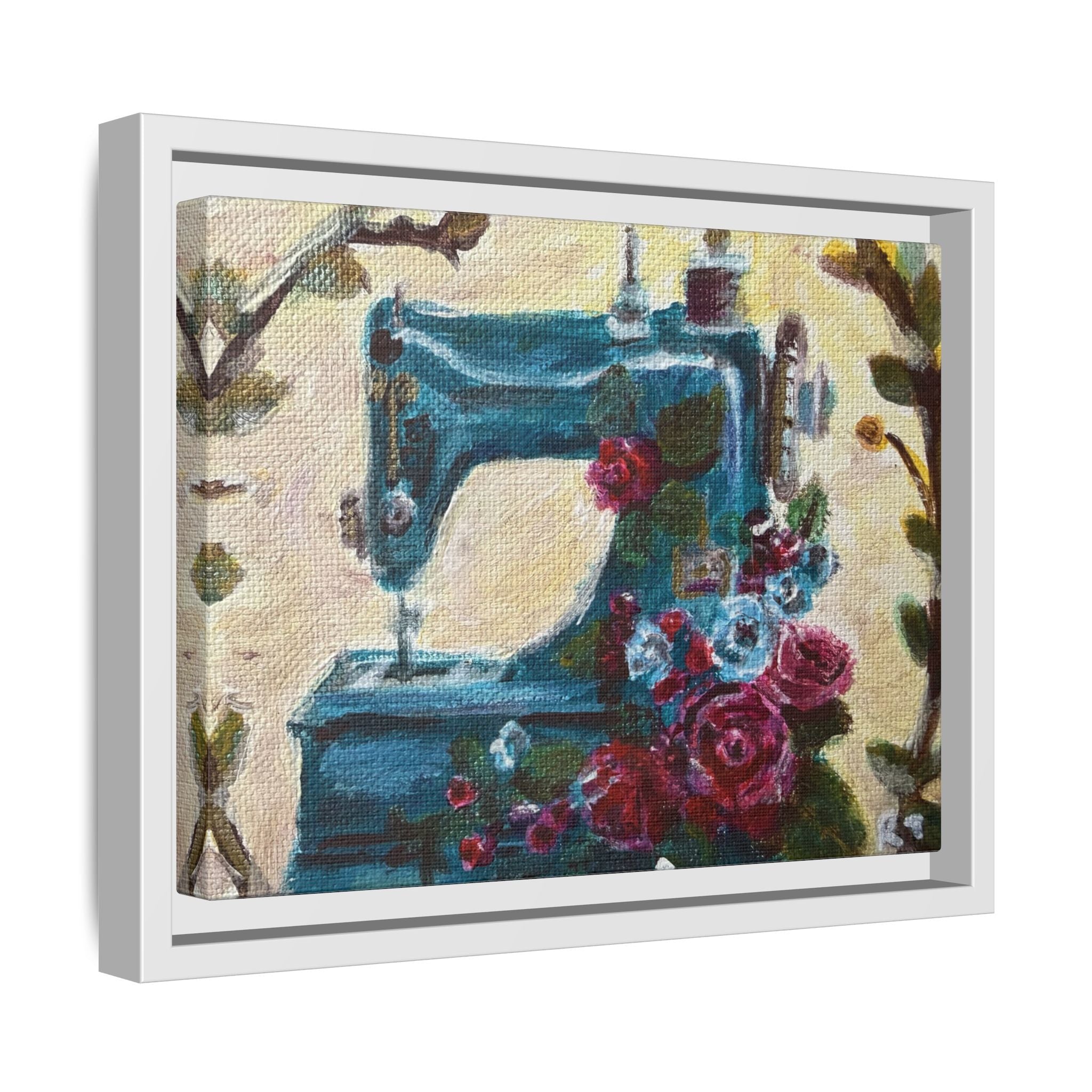 Framed Canvas Wall Art — Vintage Sewing Machine with Roses - Framed Print of the Original Grandma's Sewing Machine