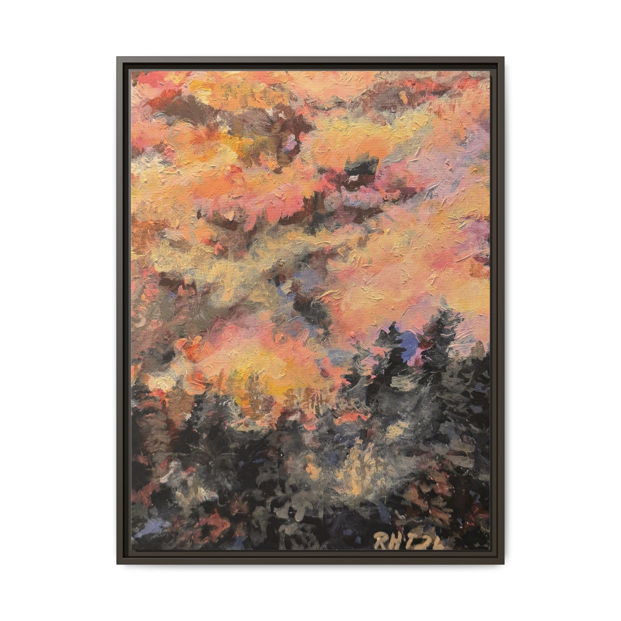 Framed Matte Canvas Art of Original Mistbow Mountain - Moody Sunset Forest Abstract
