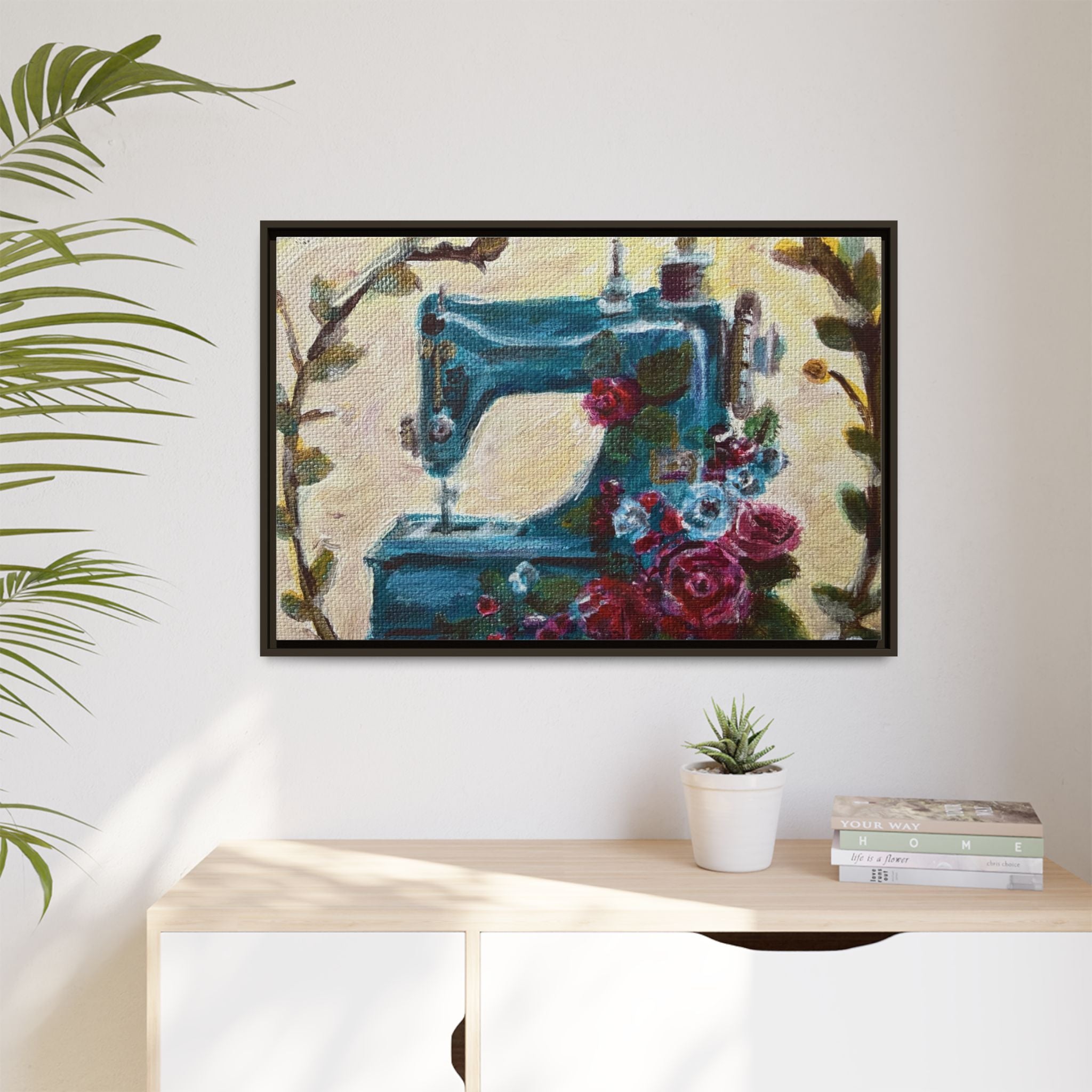 Framed Canvas Wall Art — Vintage Sewing Machine with Roses - Framed Print of the Original Grandma's Sewing Machine