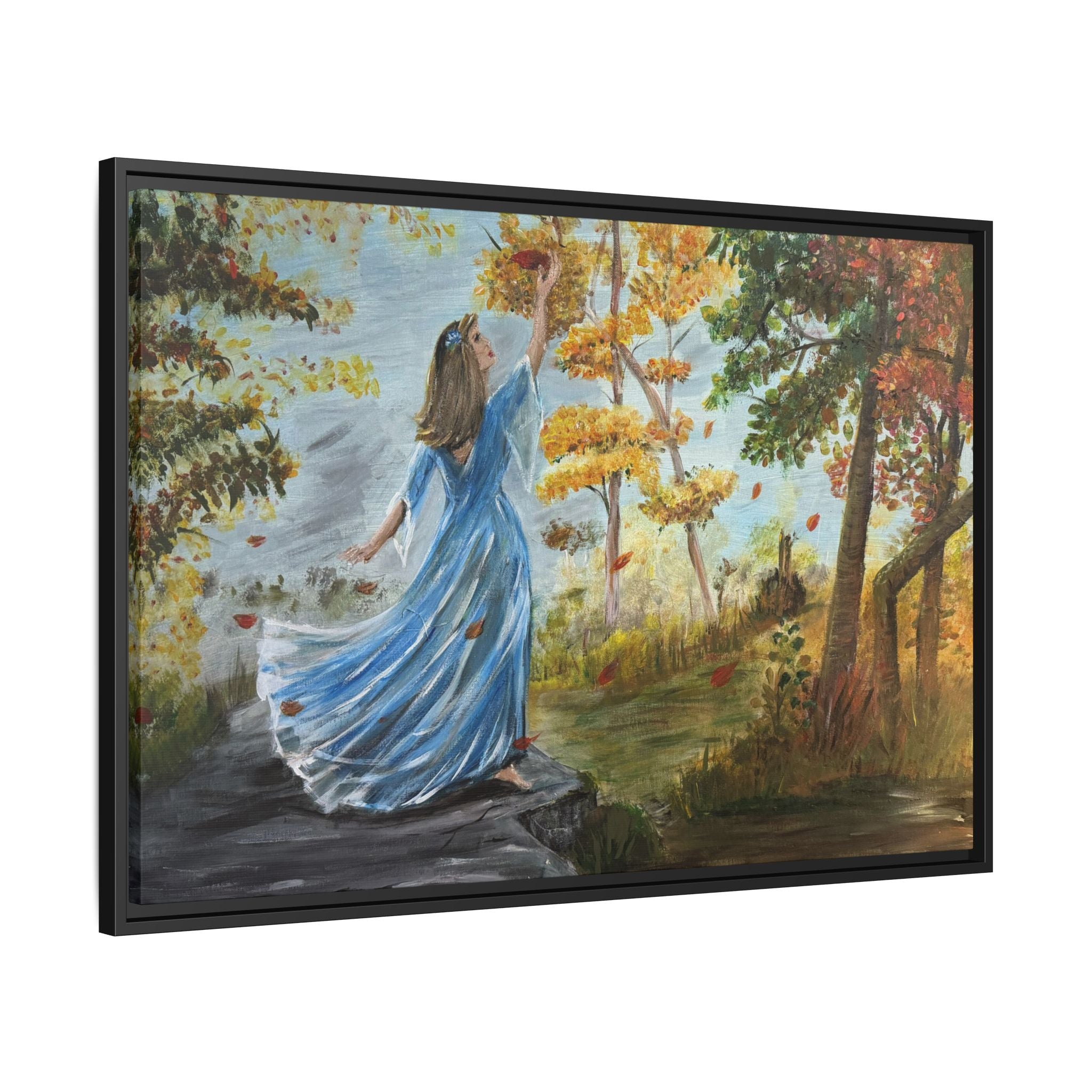 Autumn Breeze Canvas Print — Woman in Blue Dress Framed Wall Art