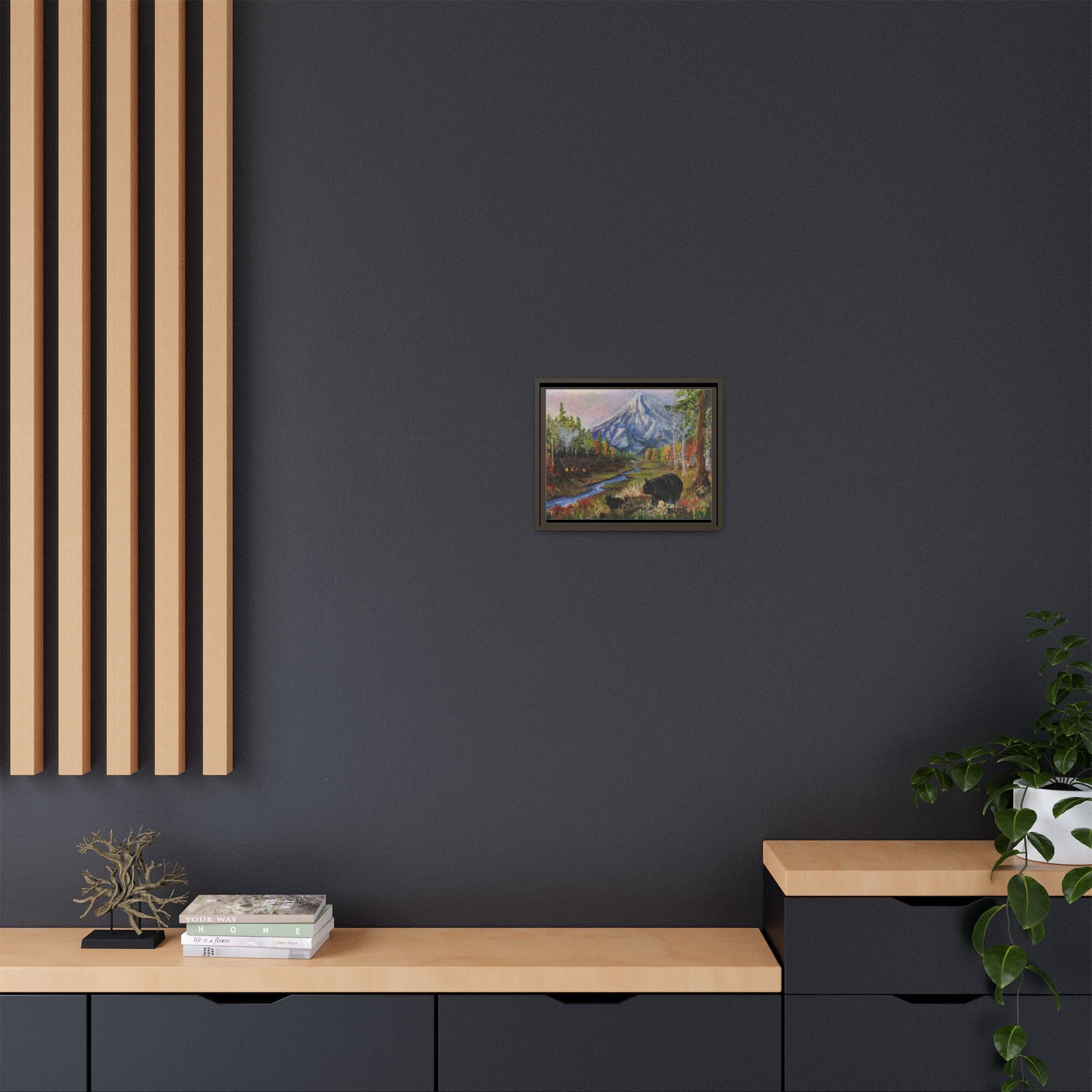 Framed Matte Canvas - Three Bear Stroll  - Mountain Stream with Bears Landscape Wall Art