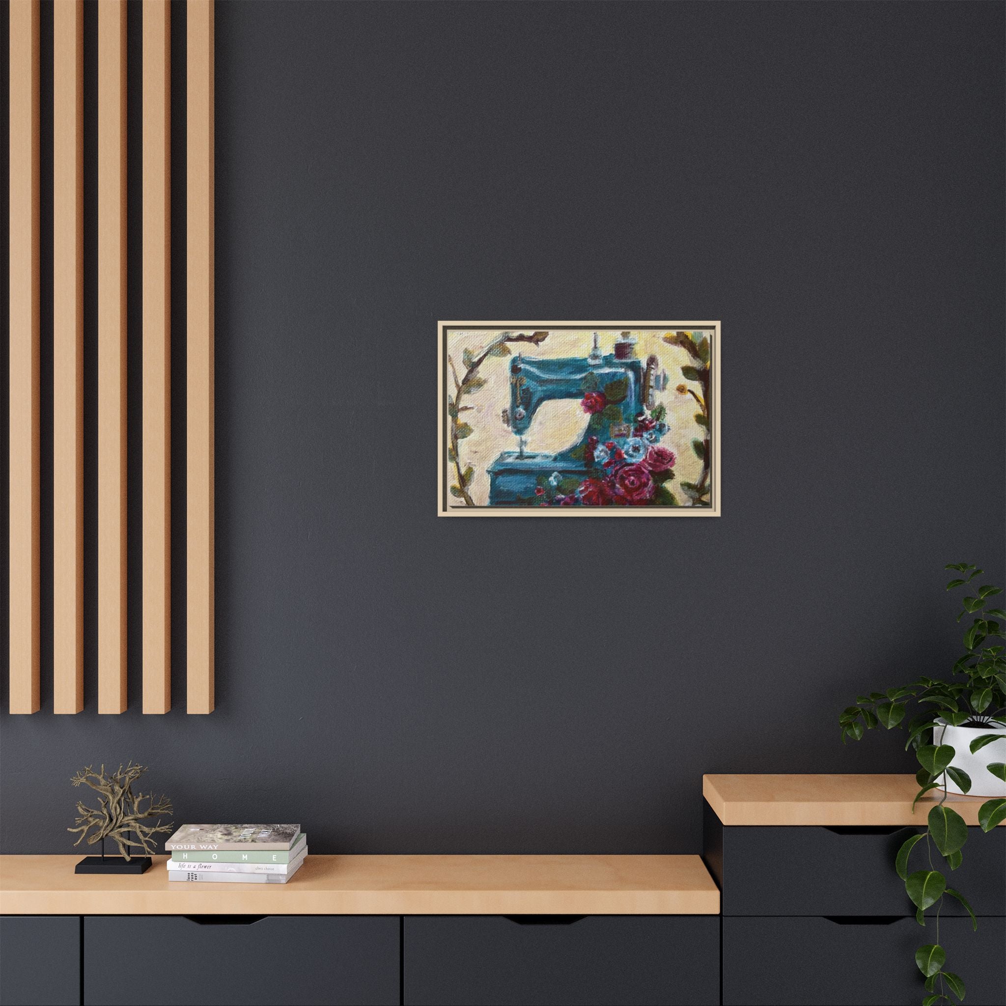 Framed Canvas Wall Art — Vintage Sewing Machine with Roses - Framed Print of the Original Grandma's Sewing Machine
