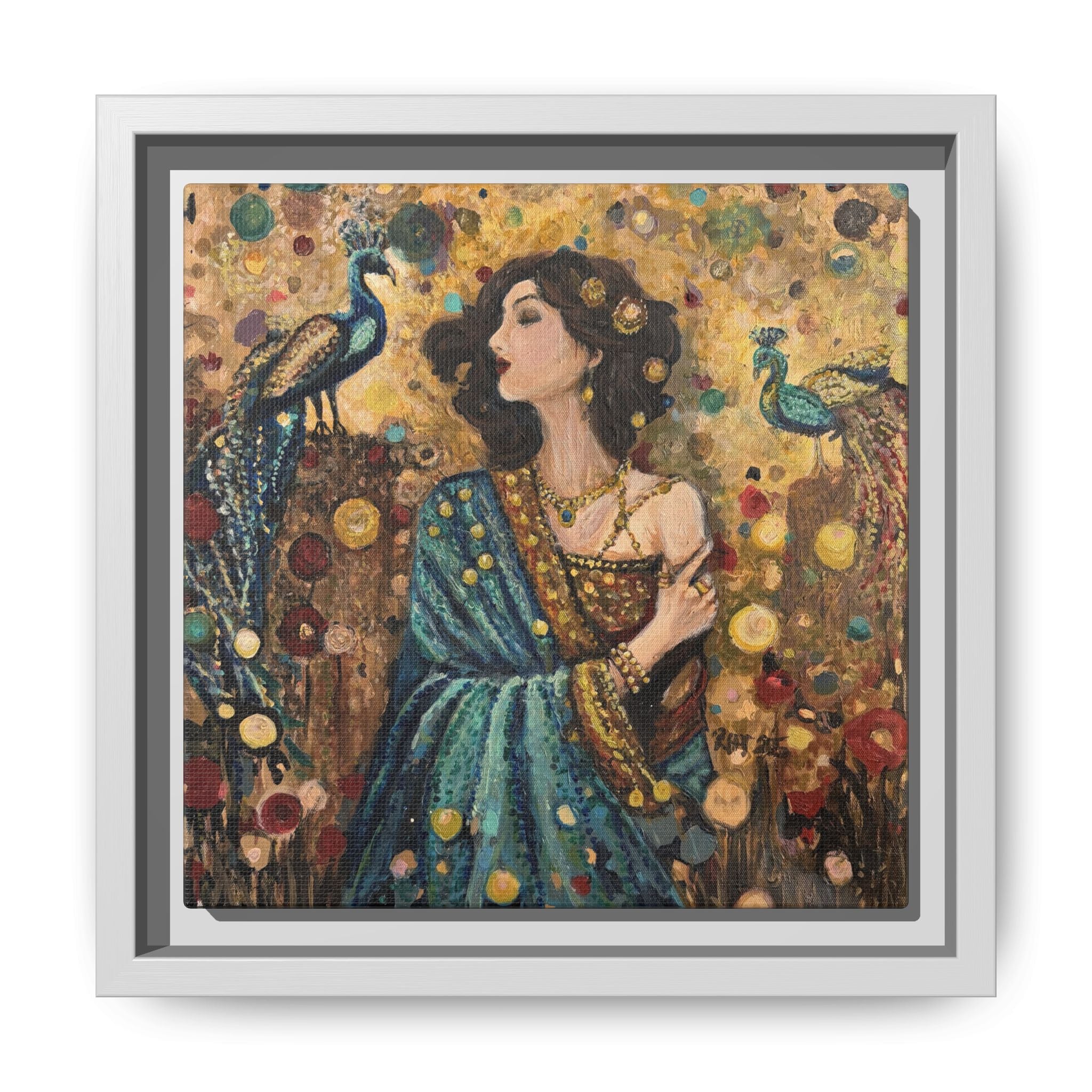 Gilded Peacock Muse Framed Canvas Art Print of Original— Bohemian Floral Decorative Print