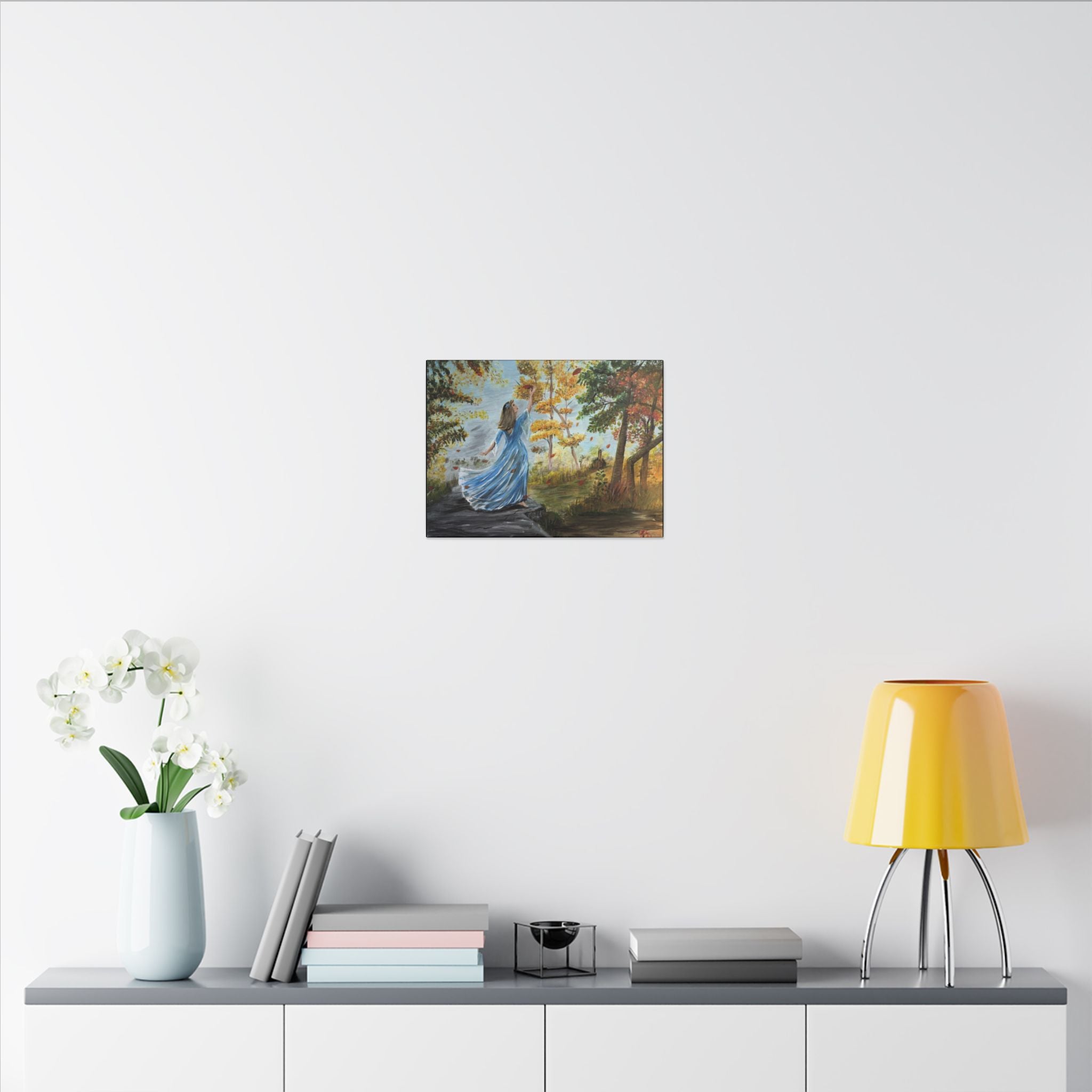 Autumn Breeze Matte Canvas Art Print – Woman in Blue Dress Fall Landscape