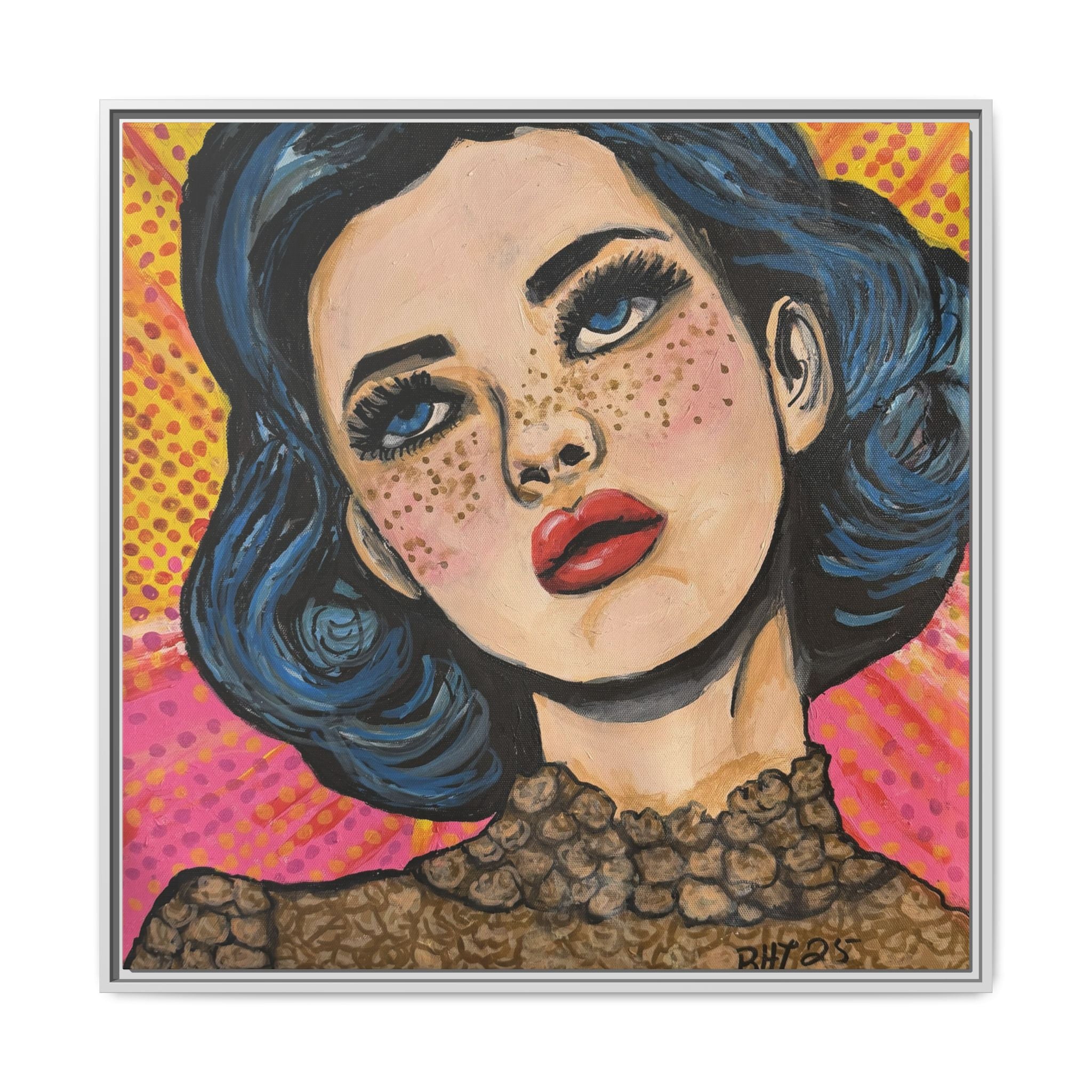 Pop Art Portrait Matte Canvas Print of Original "OMG" (Framed) — Retro Blue-Haired Woman Wall Art