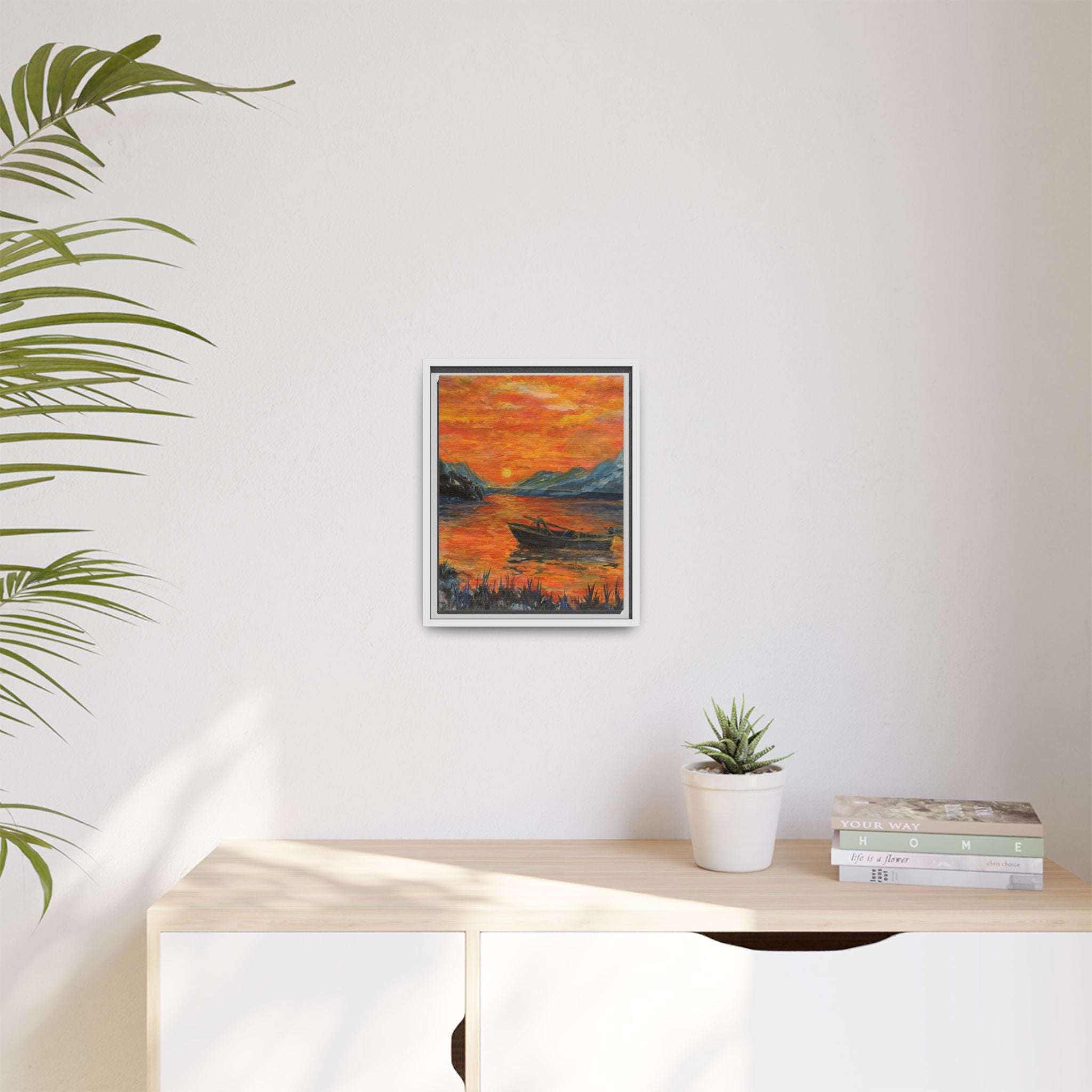 Boat on Sunset Lake Framed Canvas Print of Original — Orange Mountain Lake Wall Art