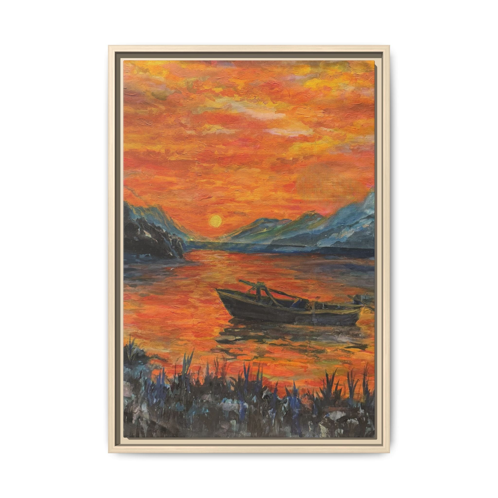 Boat on Sunset Lake Framed Canvas Print of Original — Orange Mountain Lake Wall Art